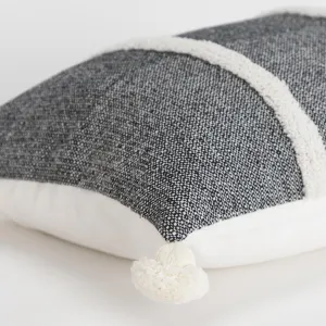 14" X 14" Black and White Cotton Pillow With Tassels Edges Throw Pillows clearance cushion