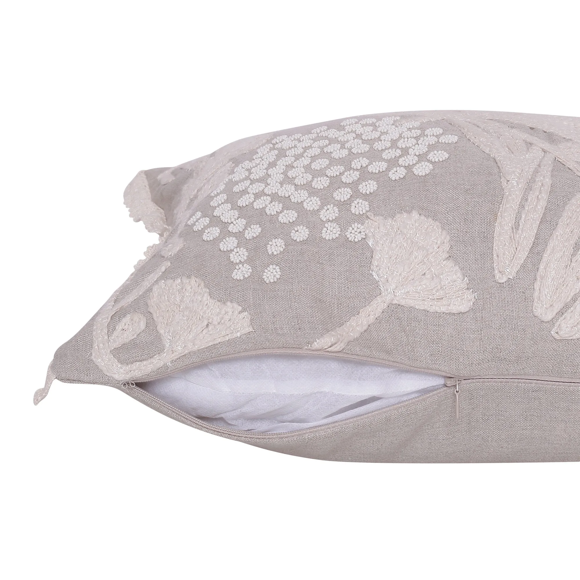 16" X 24" Natural and Ivory Botanical Linen Zippered Pillow With Embroidery Throw Pillows clearance cushion