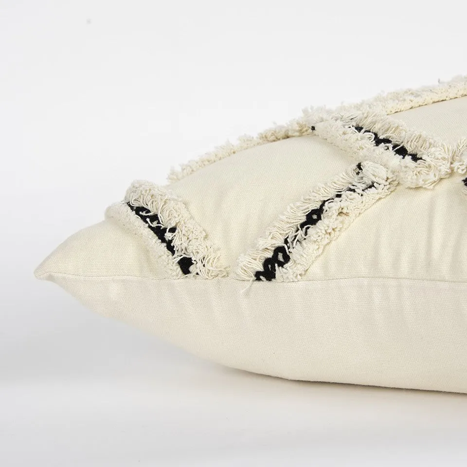 18" Cream and Black Textured Lattice Throw Pillow