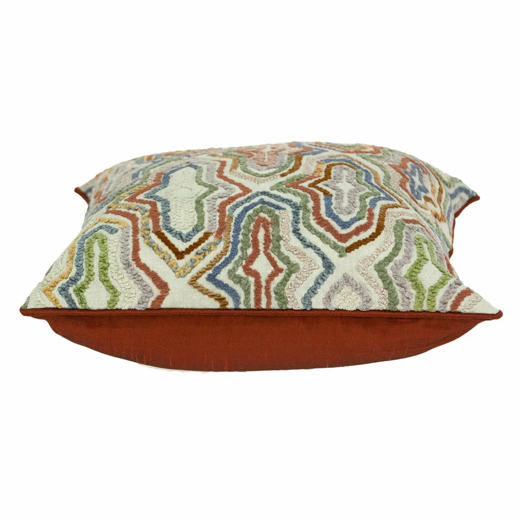 18" X 18" Beige And Brown Zippered 100% Cotton Throw Pillow With Embroidery