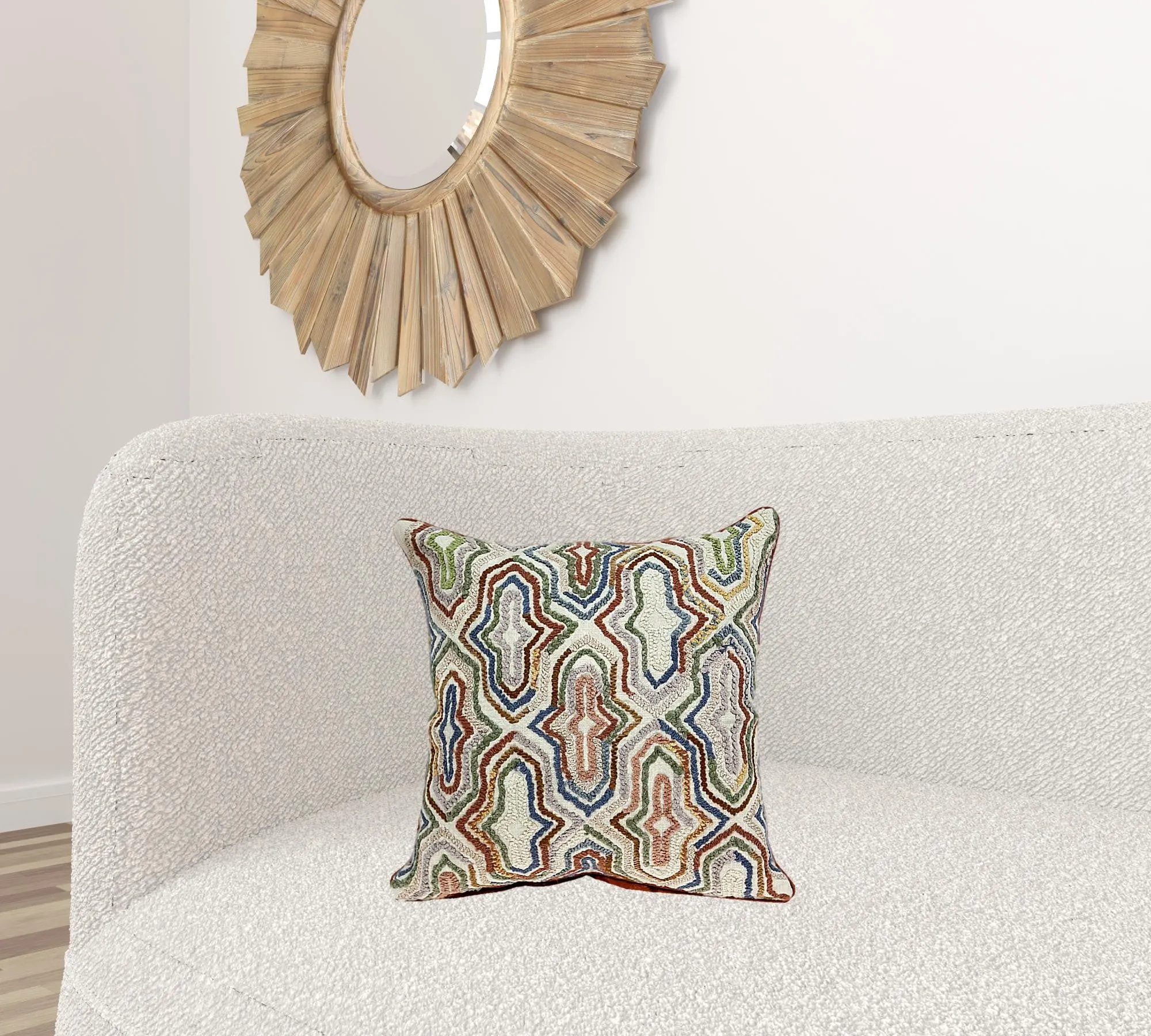 18" X 18" Beige And Brown Zippered 100% Cotton Throw Pillow With Embroidery