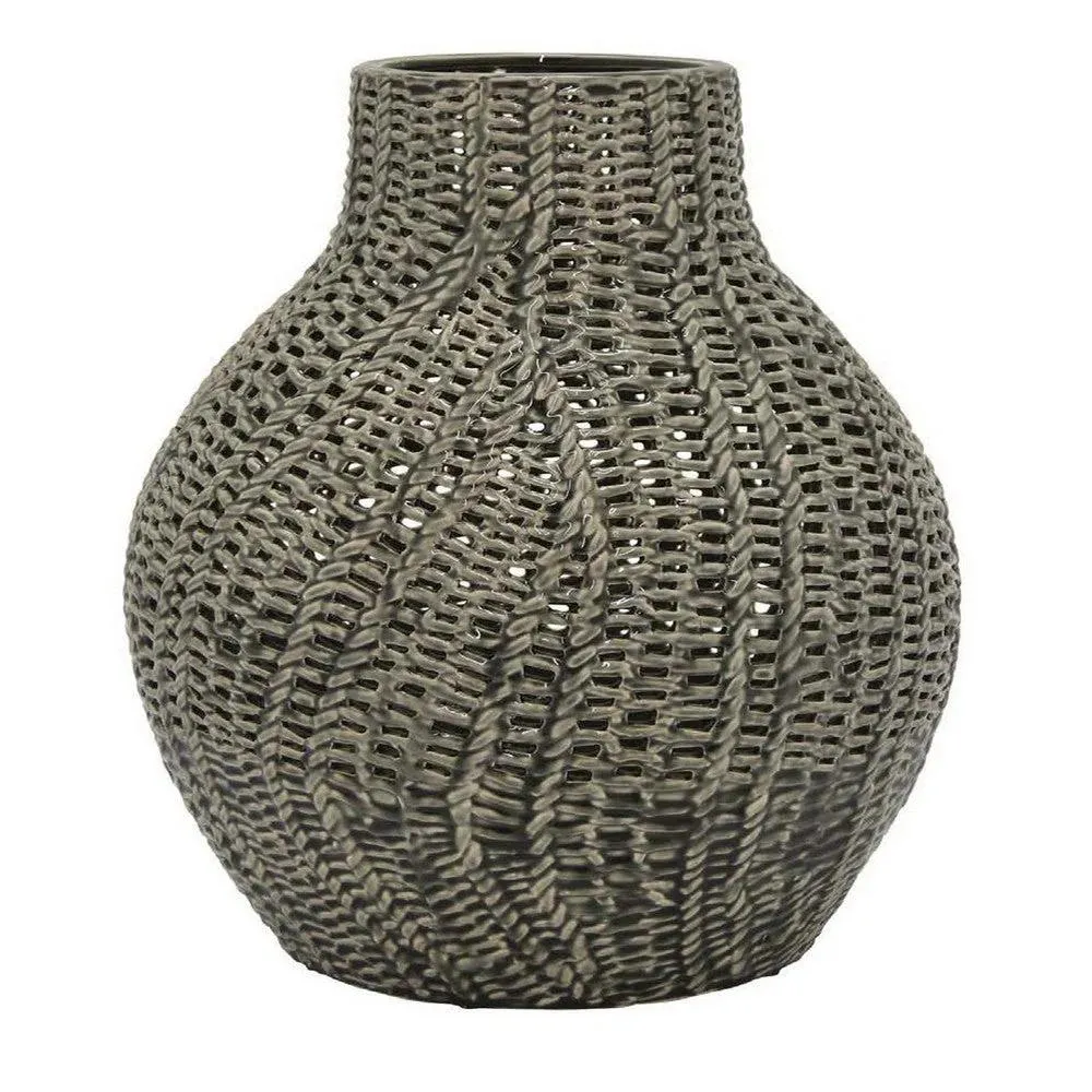 20 Inch Accent Vase with Mesh Like Design Round Gray Ceramic Finish Decorative Accessories last chance deals