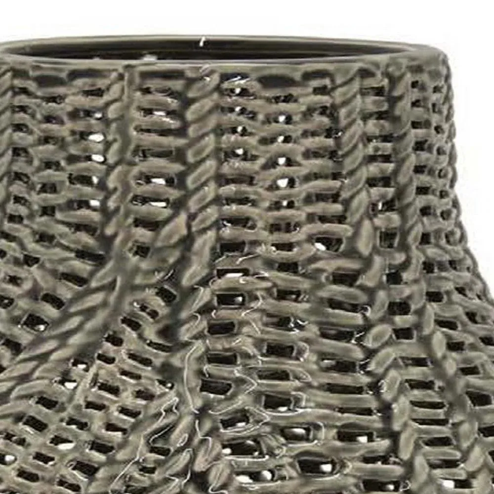 20 Inch Accent Vase with Mesh Like Design Round Gray Ceramic Finish