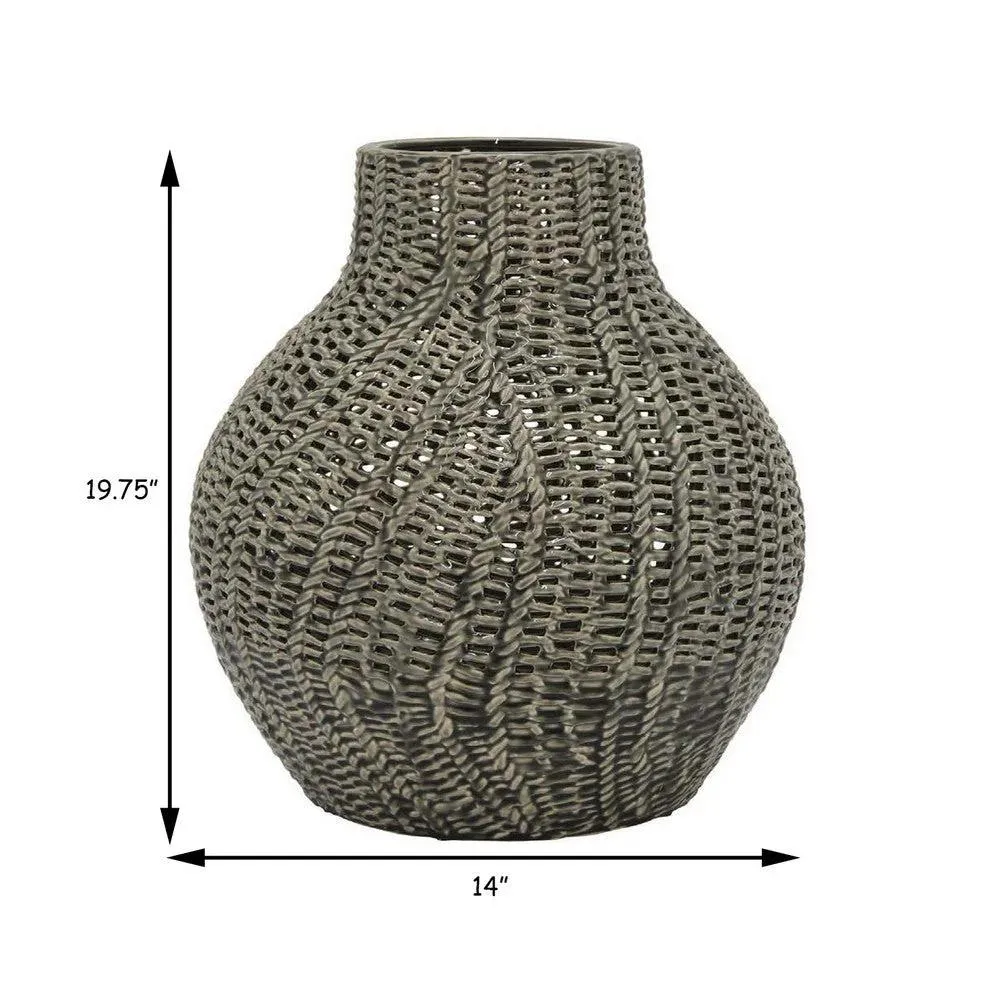 20 Inch Accent Vase with Mesh Like Design Round Gray Ceramic Finish
