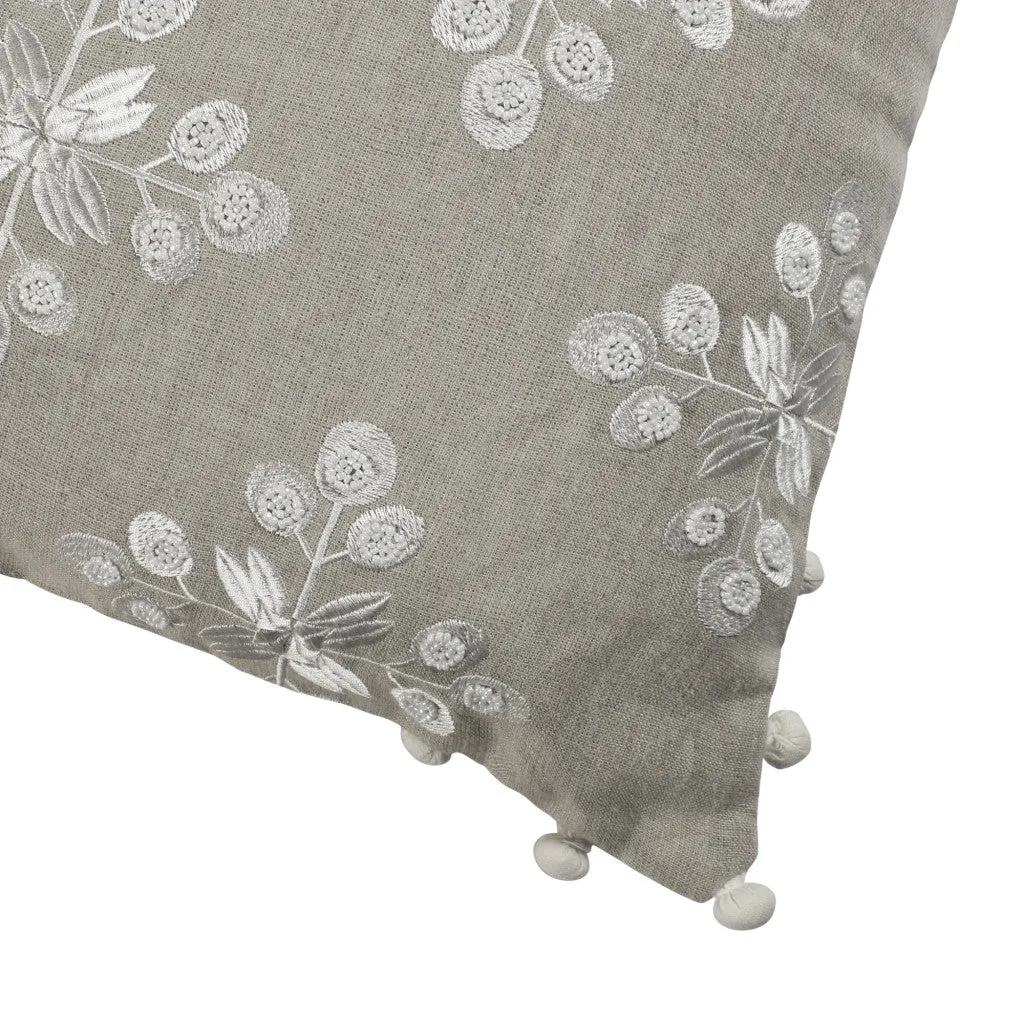 20" X 20" Beige and Ivory Floral Linen Zippered Pillow With Embroidery, Pom Poms Throw Pillows low cost deal