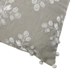 20" X 20" Beige and Ivory Floral Linen Zippered Pillow With Embroidery, Pom Poms Throw Pillows low cost deal