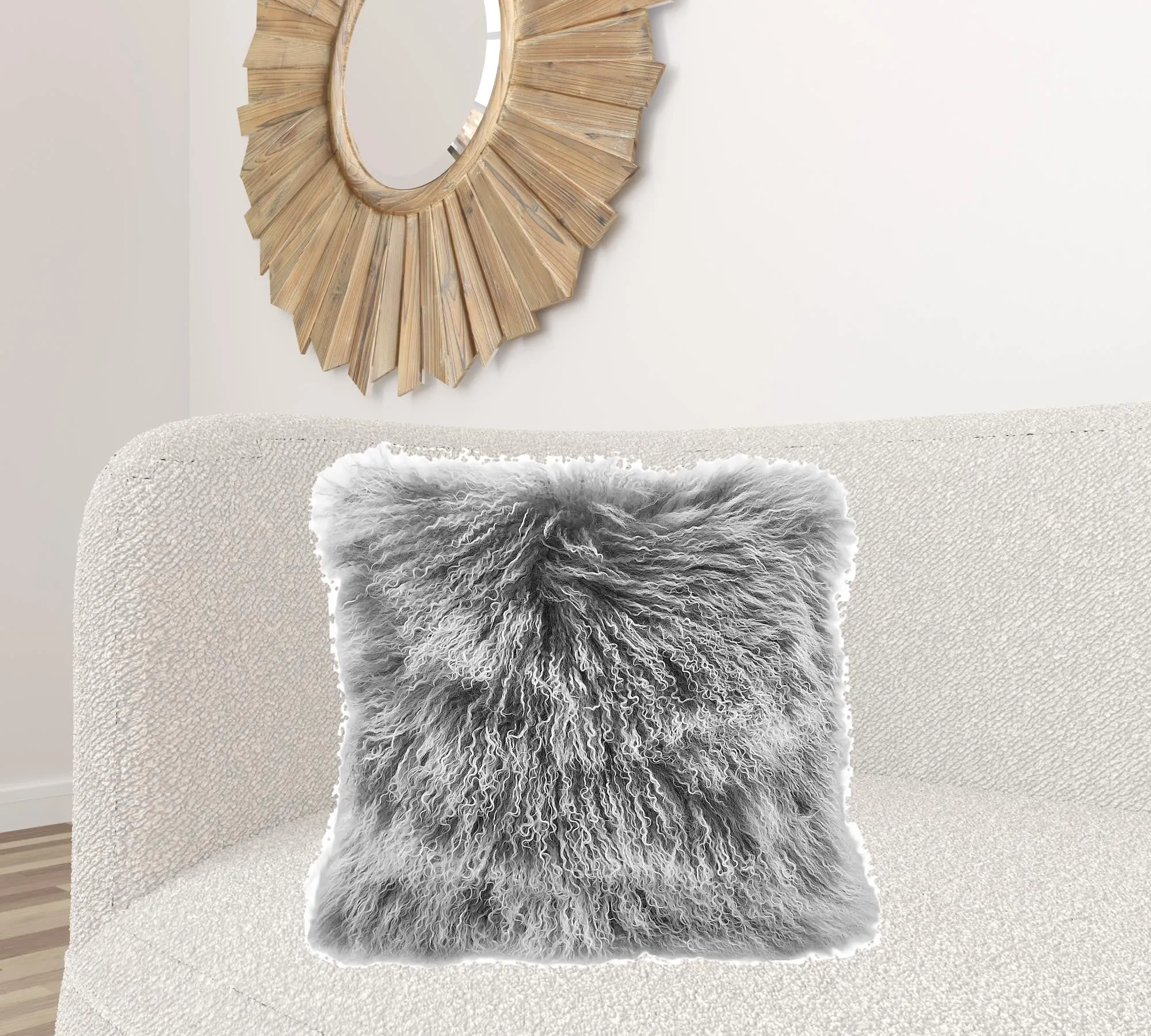 24" Grey Genuine Tibetan Lamb Fur Pillow With Microsuede Backing Throw Pillows clearance cushion
