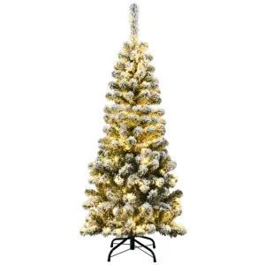 4.5 Feet Pre-Lit Snow Flocked Pencil Christmas Tree with 150 LED Light Holiday Decor clearance sale