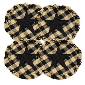 4/Set Black & Tan Check Star Applique Round Coasters Decorative Accessories value pack