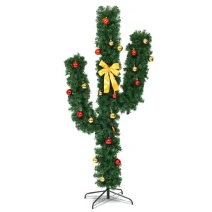 5 Feet Artificial Cactus PVC Christmas Tree with LED Lights and Ball Ornaments-5 ft Holiday Decor clearance sale