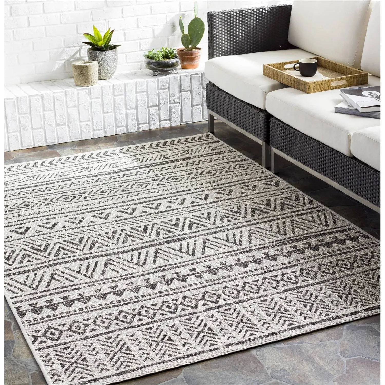 5 ft. x 8 ft. Black Off-White Chevron Coastal Boho Style Indoor Outdoor Area Rug