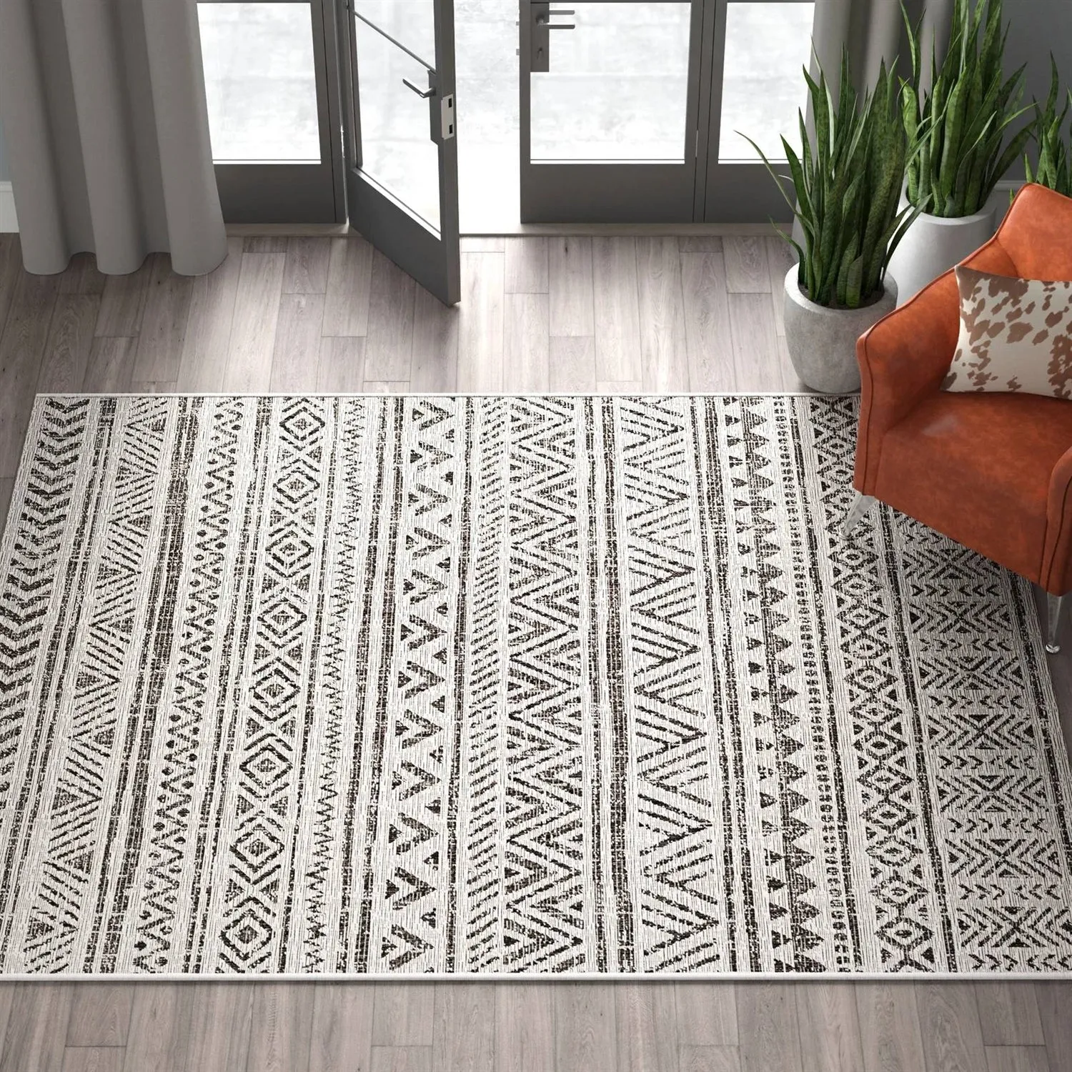 5 ft. x 8 ft. Black Off-White Chevron Coastal Boho Style Indoor Outdoor Area Rug Area Rugs mega sale