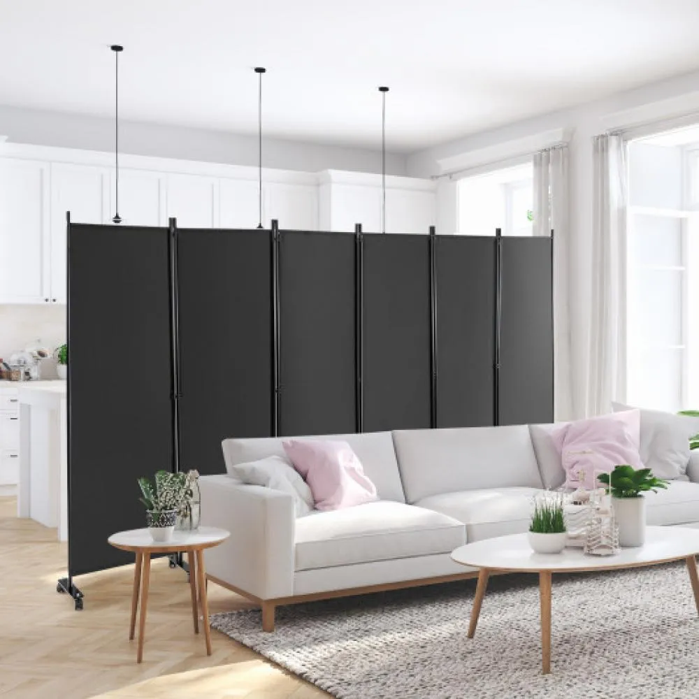 6 Panel 5.7 Feet Tall Rolling Room Divider on Wheels-Gray Decorative Accessories seasonal sale