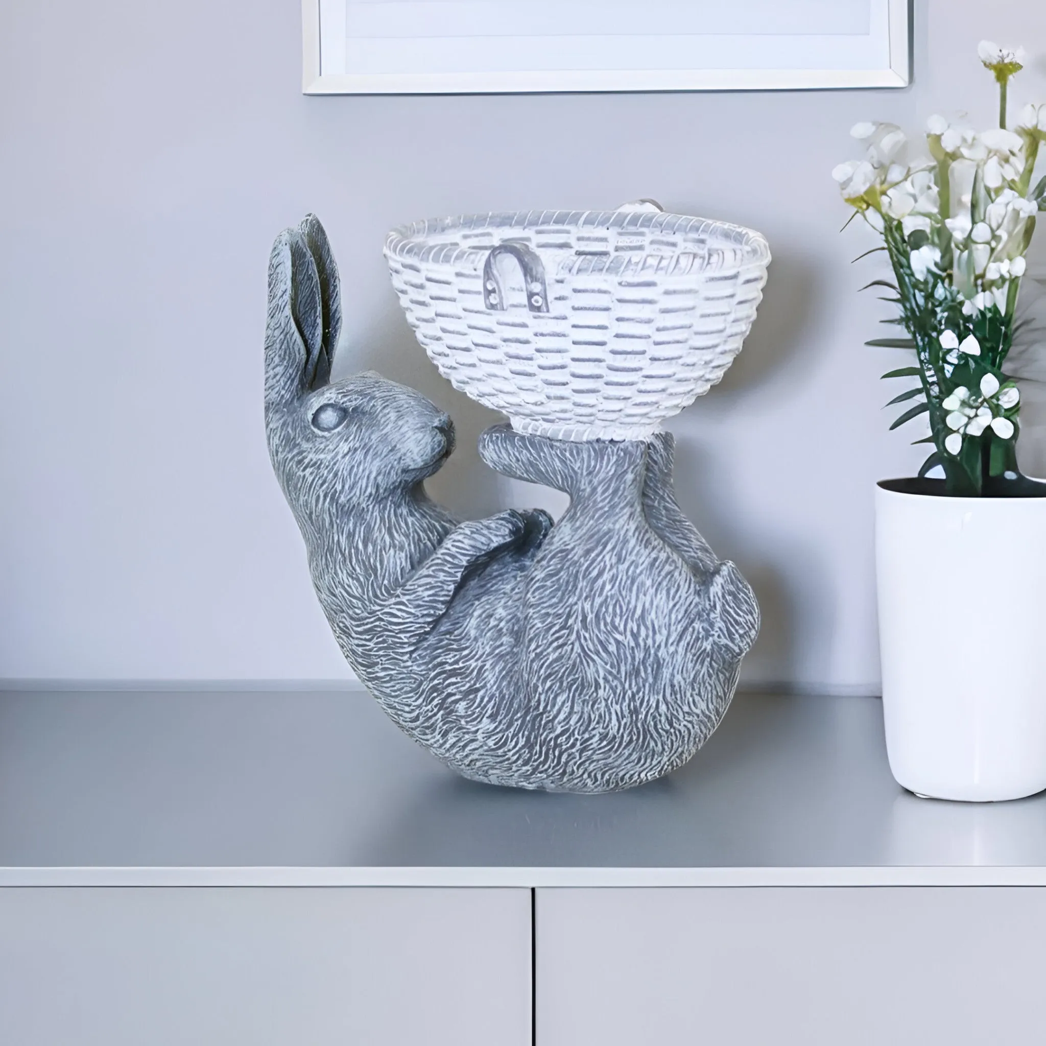 7" Gray and White Polyresin Rabbit Figurine
