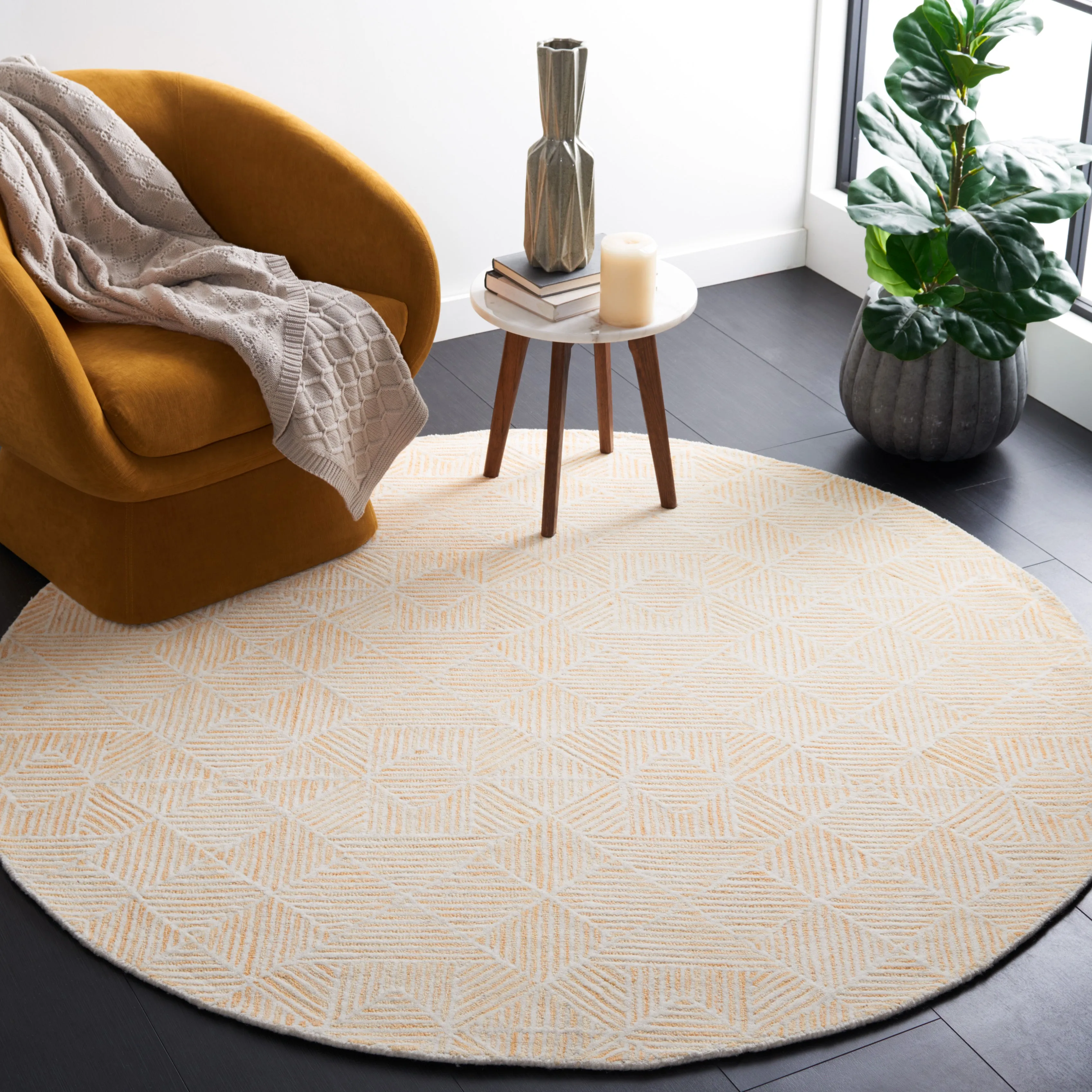Abstract Hand Made Area Rug, Gold / Ivory Contemporary Style Non-Shedding