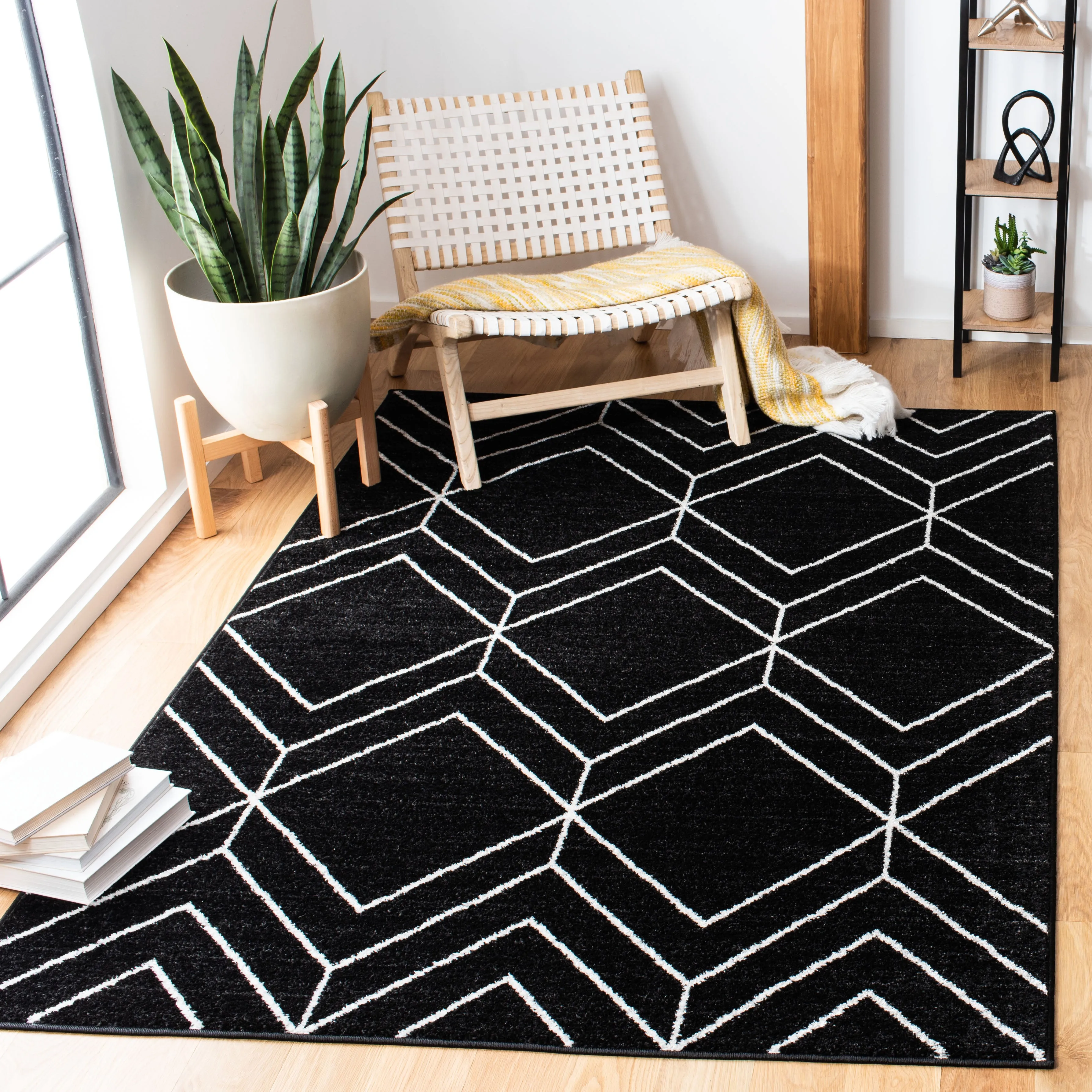 Adirondack Machine Made Area Rug, Black / Ivory Contemporary Style Easy Care Area Rugs buy 1 get 1