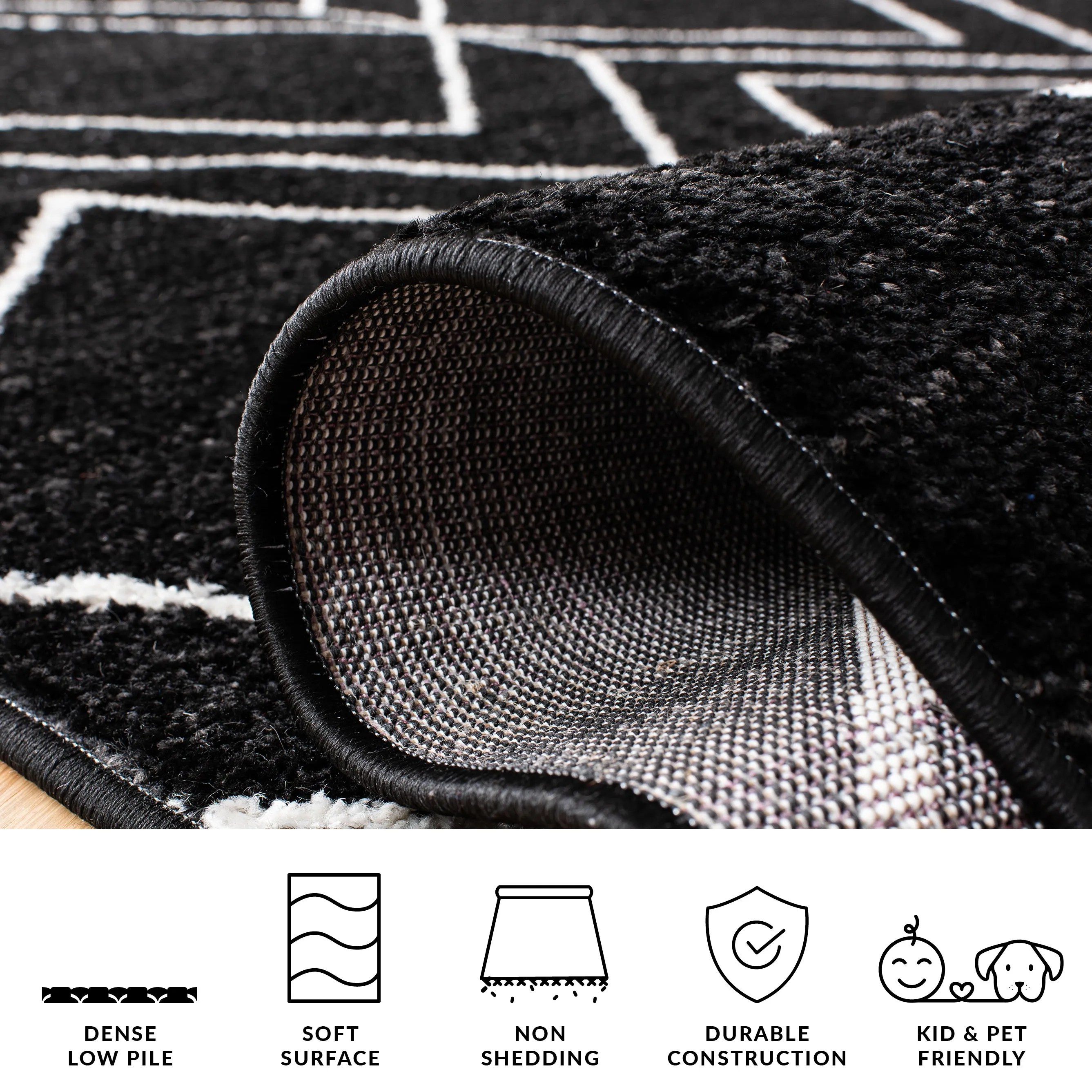 Adirondack Machine Made Area Rug, Black / Ivory Contemporary Style Easy Care