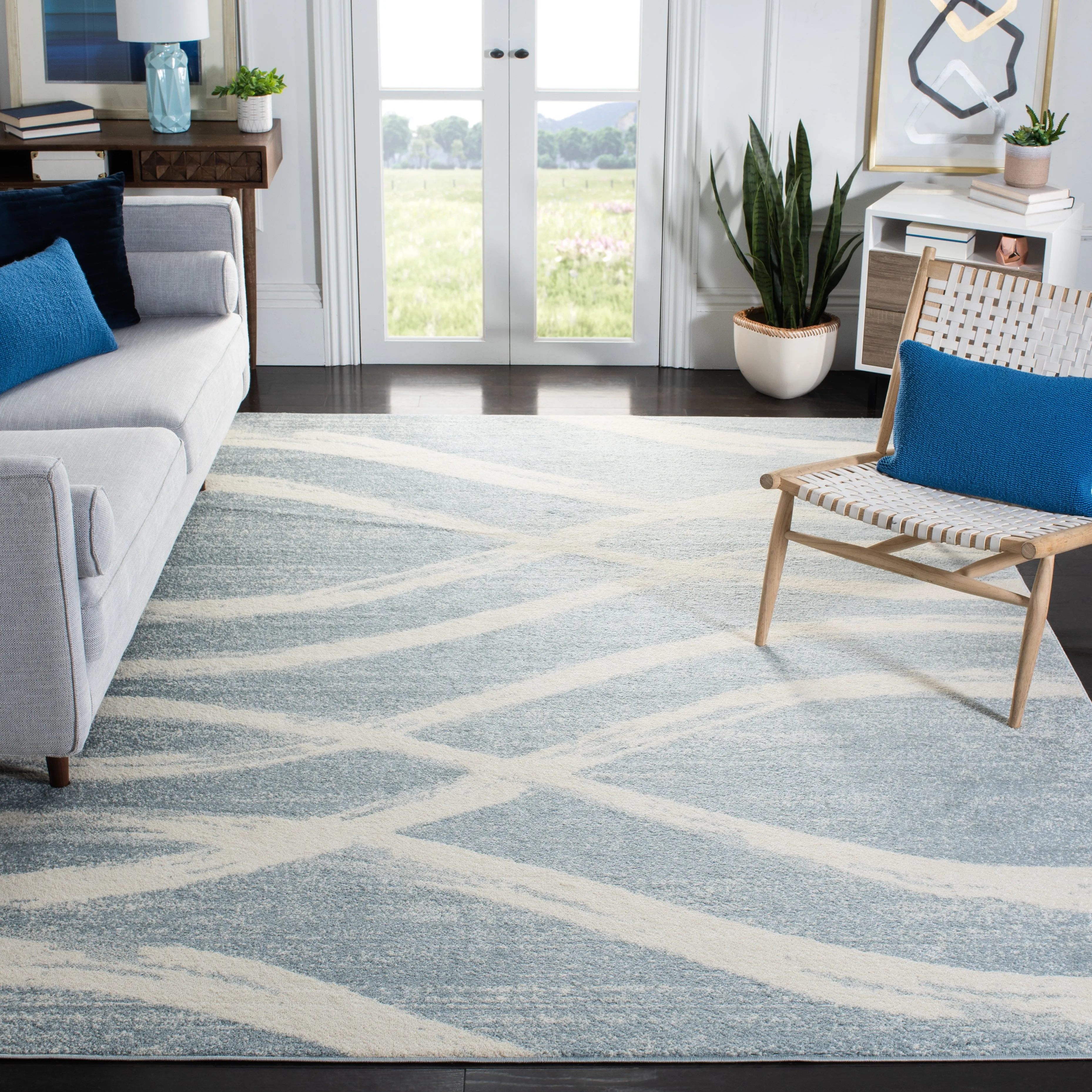 Adirondack Machine Made Area Rug, Cream / Slate Contemporary Style Easy Care