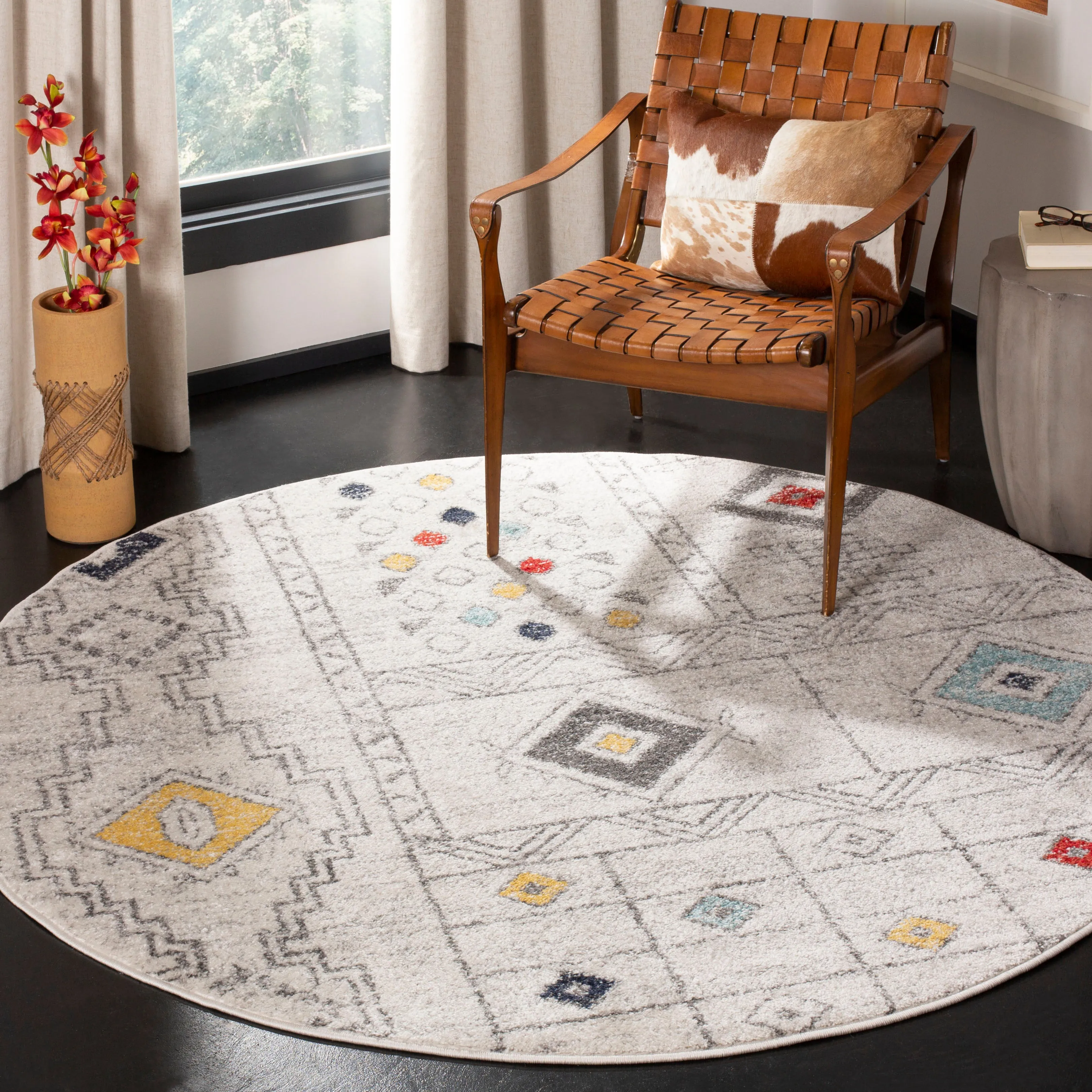 Adirondack Machine Made Area Rug, Light Grey / Aqua Bohemian Style Easy Care