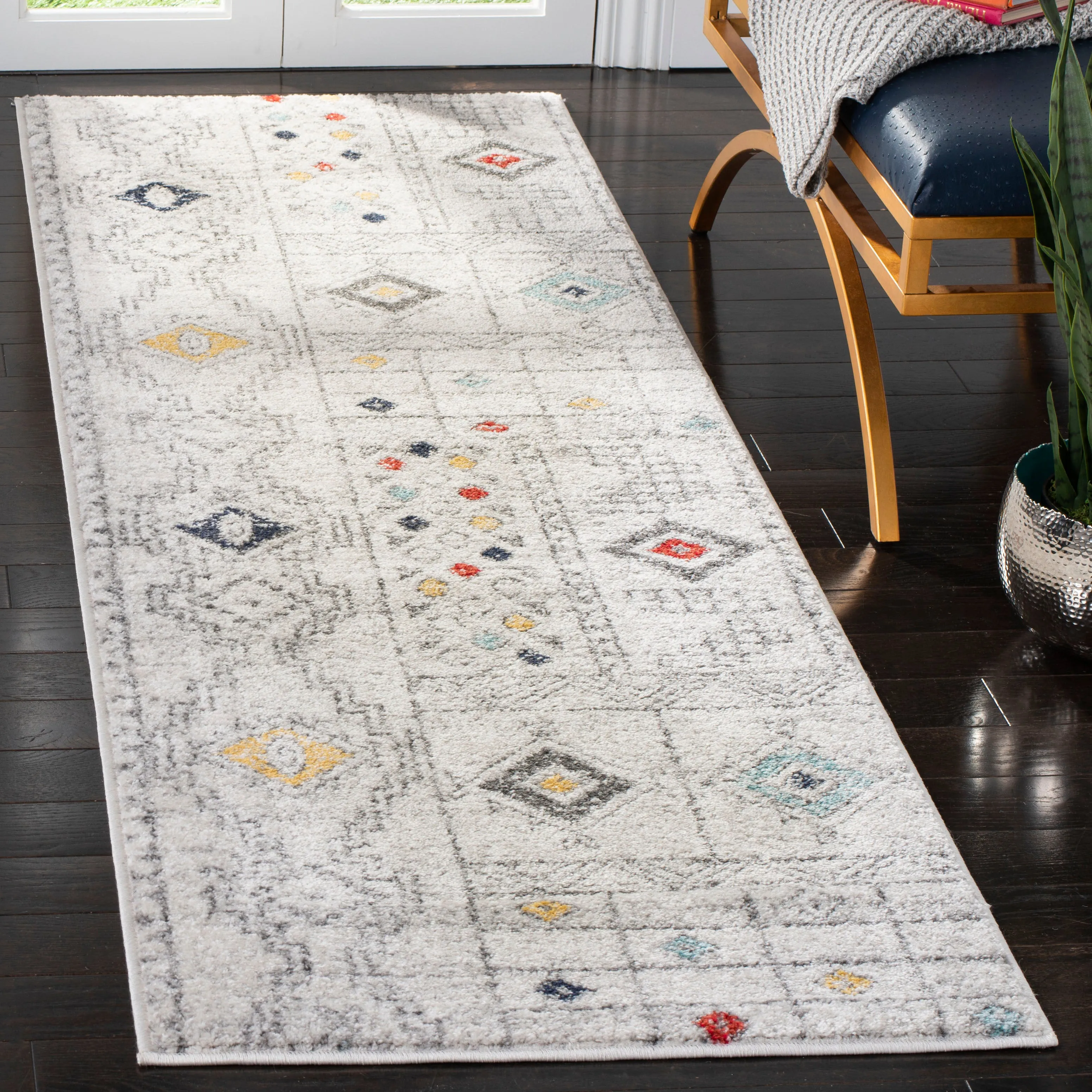 Adirondack Machine Made Area Rug, Light Grey / Aqua Bohemian Style Easy Care