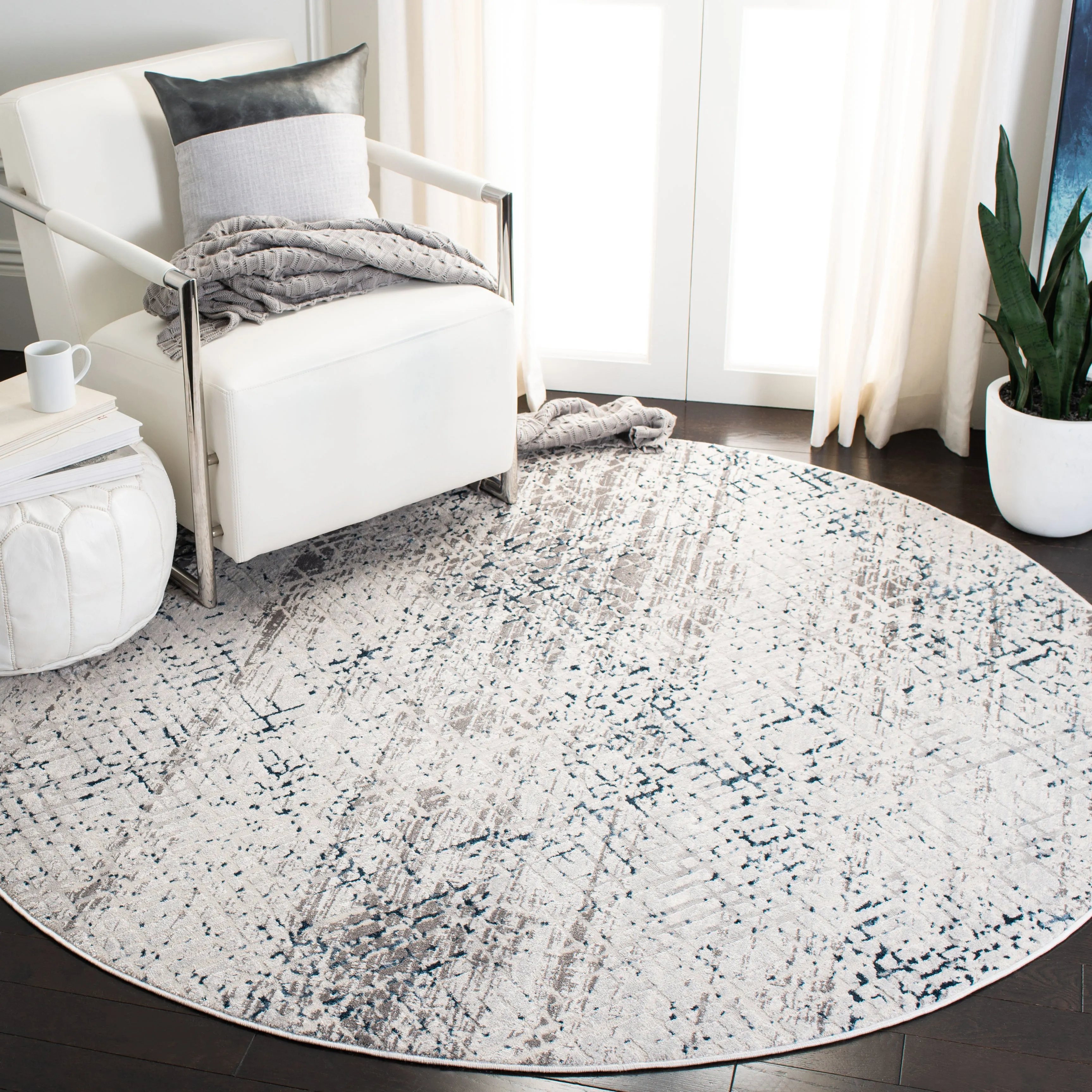 Amalfi Machine Made Area Rug, Cream / Navy Contemporary Style Easy Care