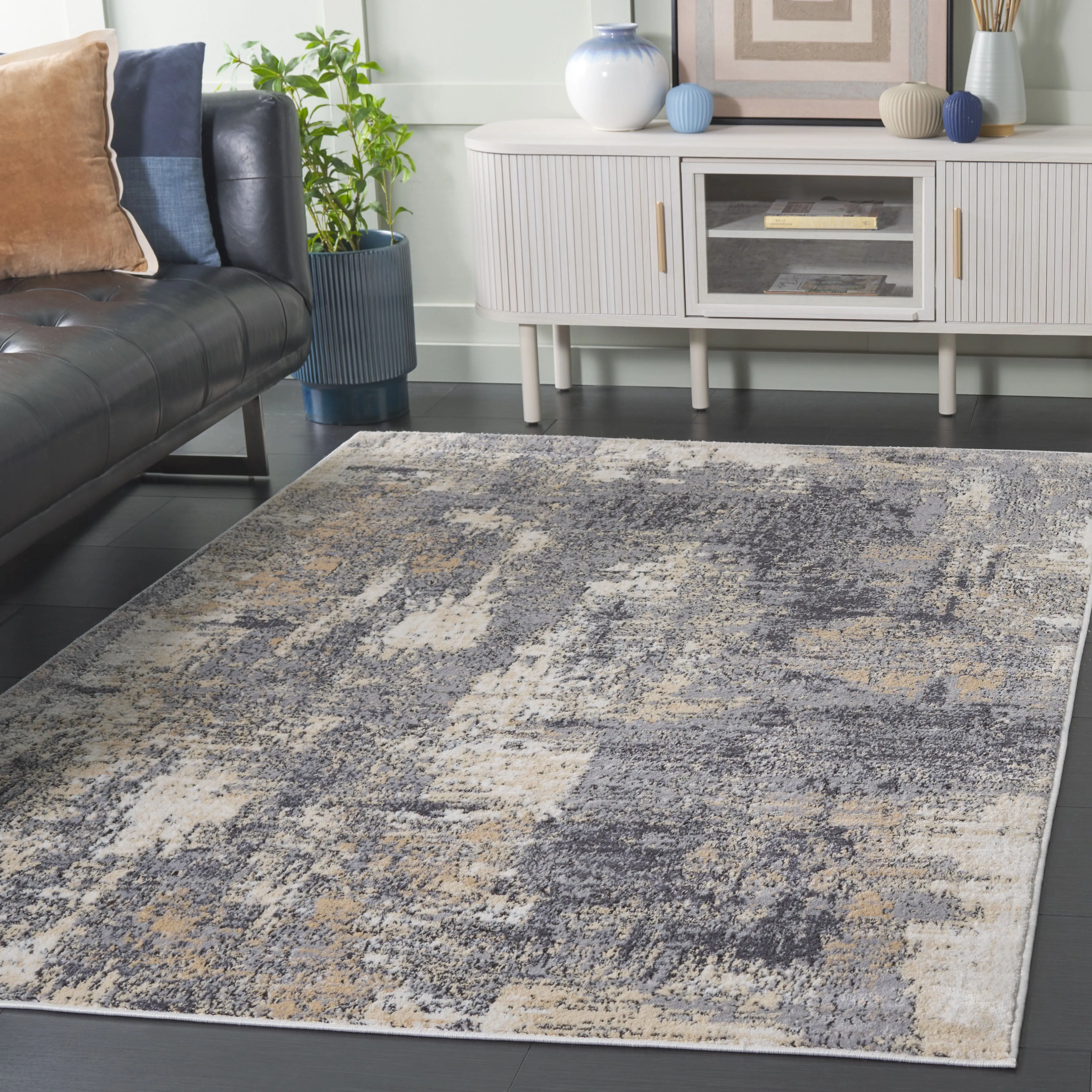 Amelia Machine Made Area Rug, Grey / Gold Contemporary Style Easy Care Area Rugs mega sale