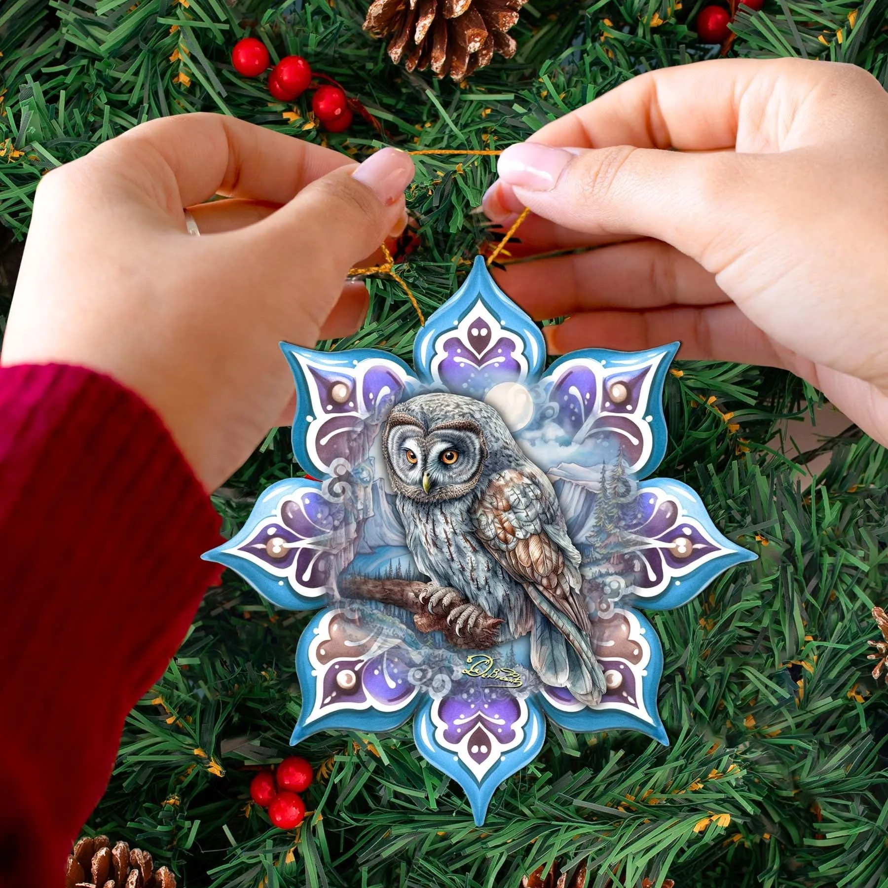 Arctic Owl Snowflake Wooden Christmas Ornament by G. Debrekht