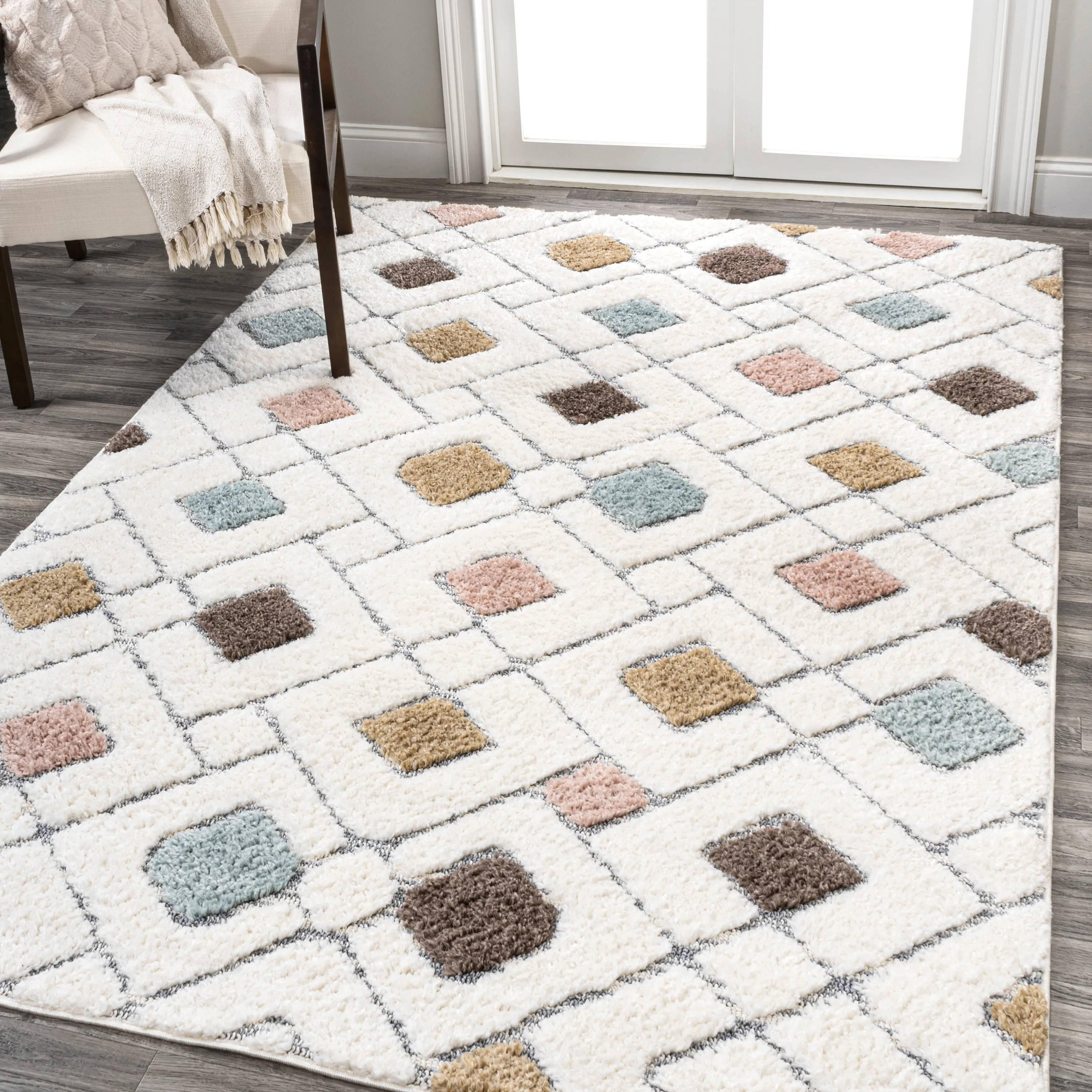 Astrid Retro Trellis High-Low Multi/Cream Area Rug Area Rugs online discount