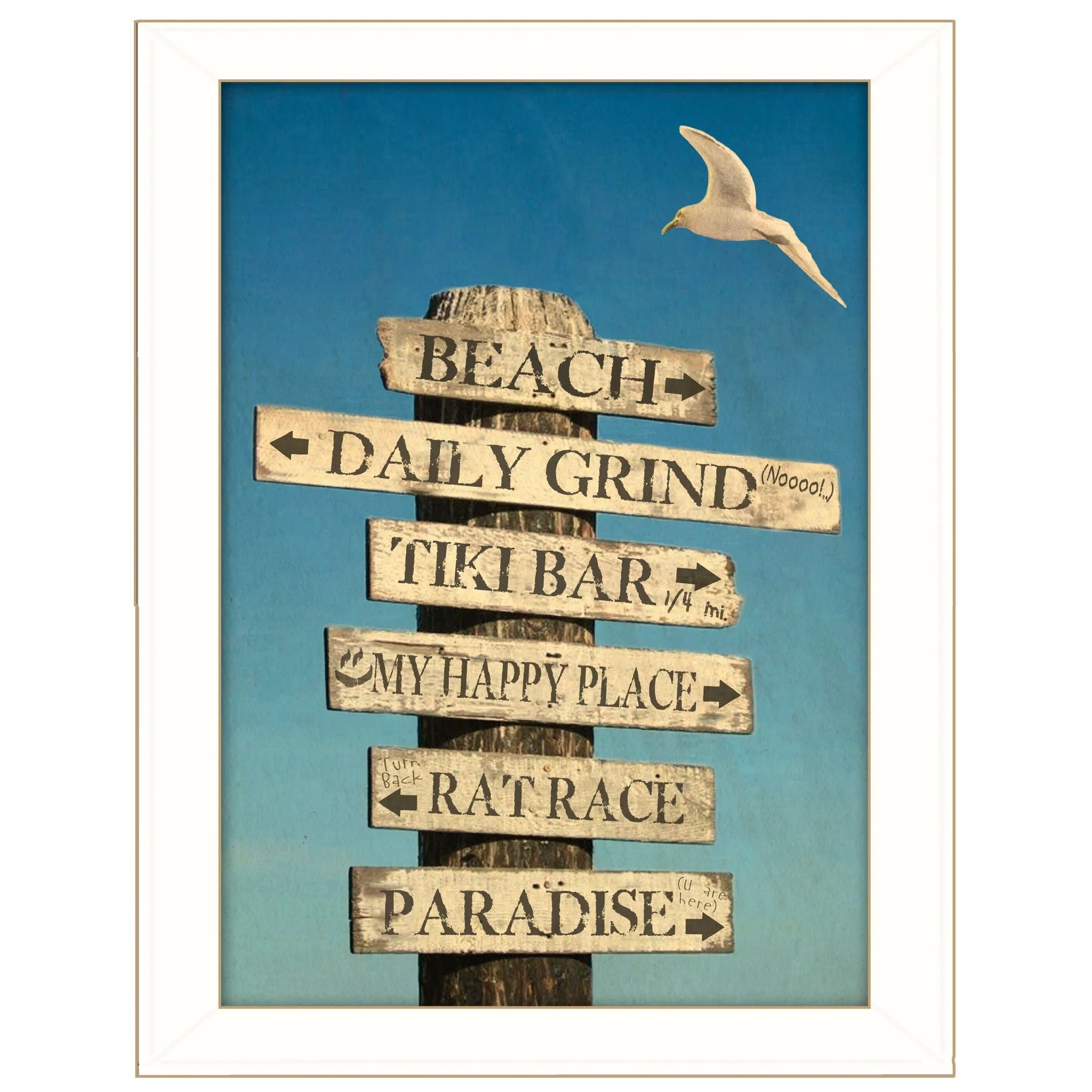 Beach Directional 3 White Framed Print Wall Art Cheap Wall Mirrors & Decor