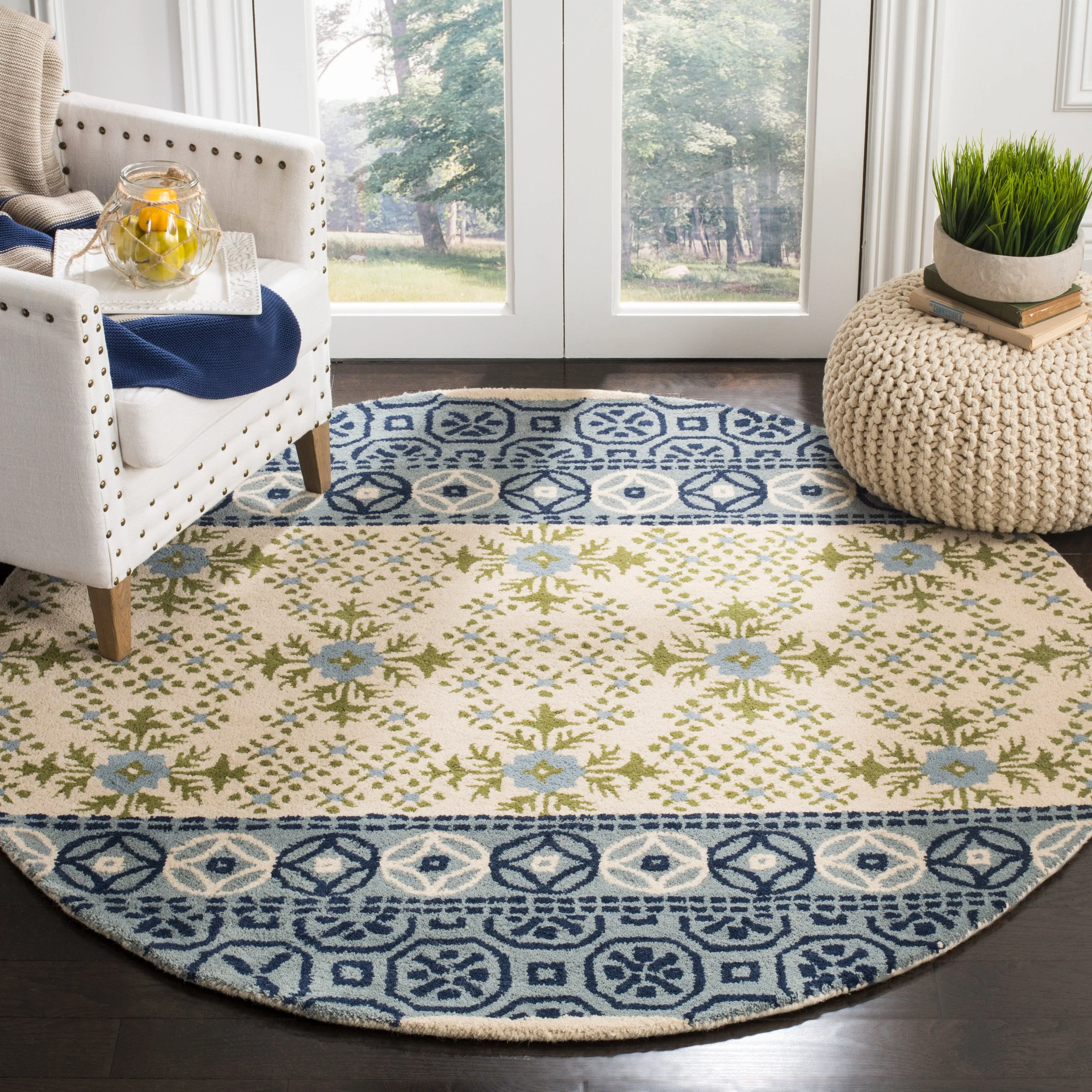 Bella Hand Made Area Rug, Ivory / Blue Traditional Style Non-Shedding