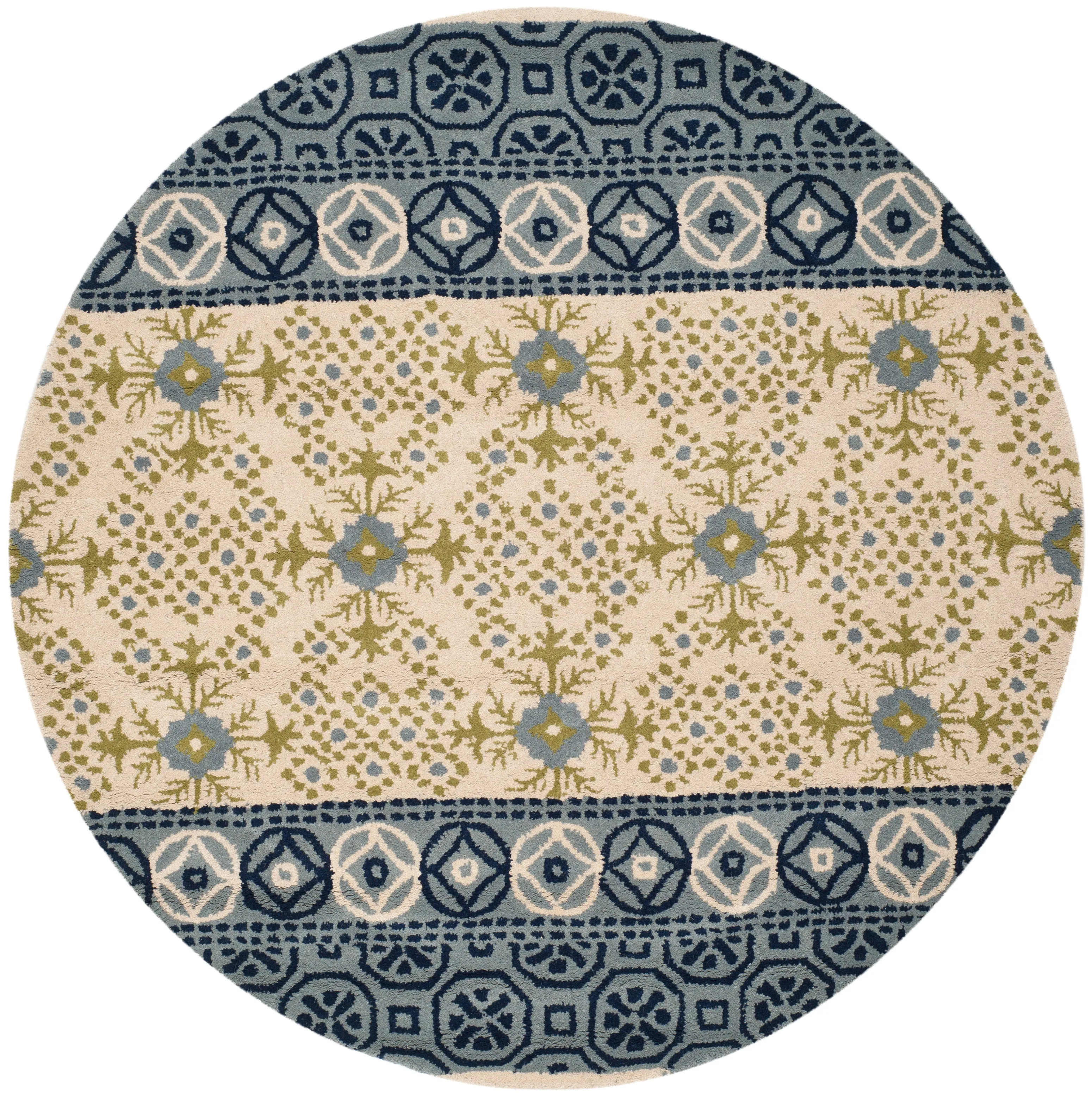 Bella Hand Made Area Rug, Ivory / Blue Traditional Style Non-Shedding