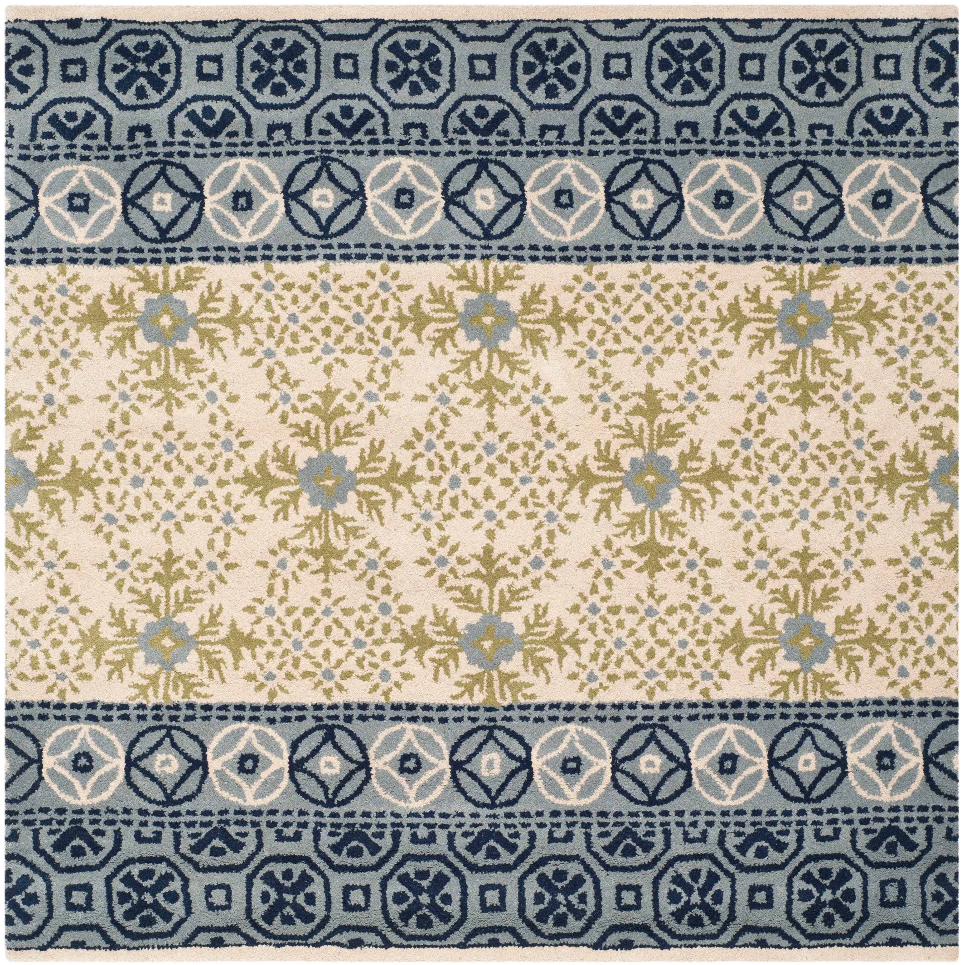 Bella Hand Made Area Rug, Ivory / Blue Traditional Style Non-Shedding