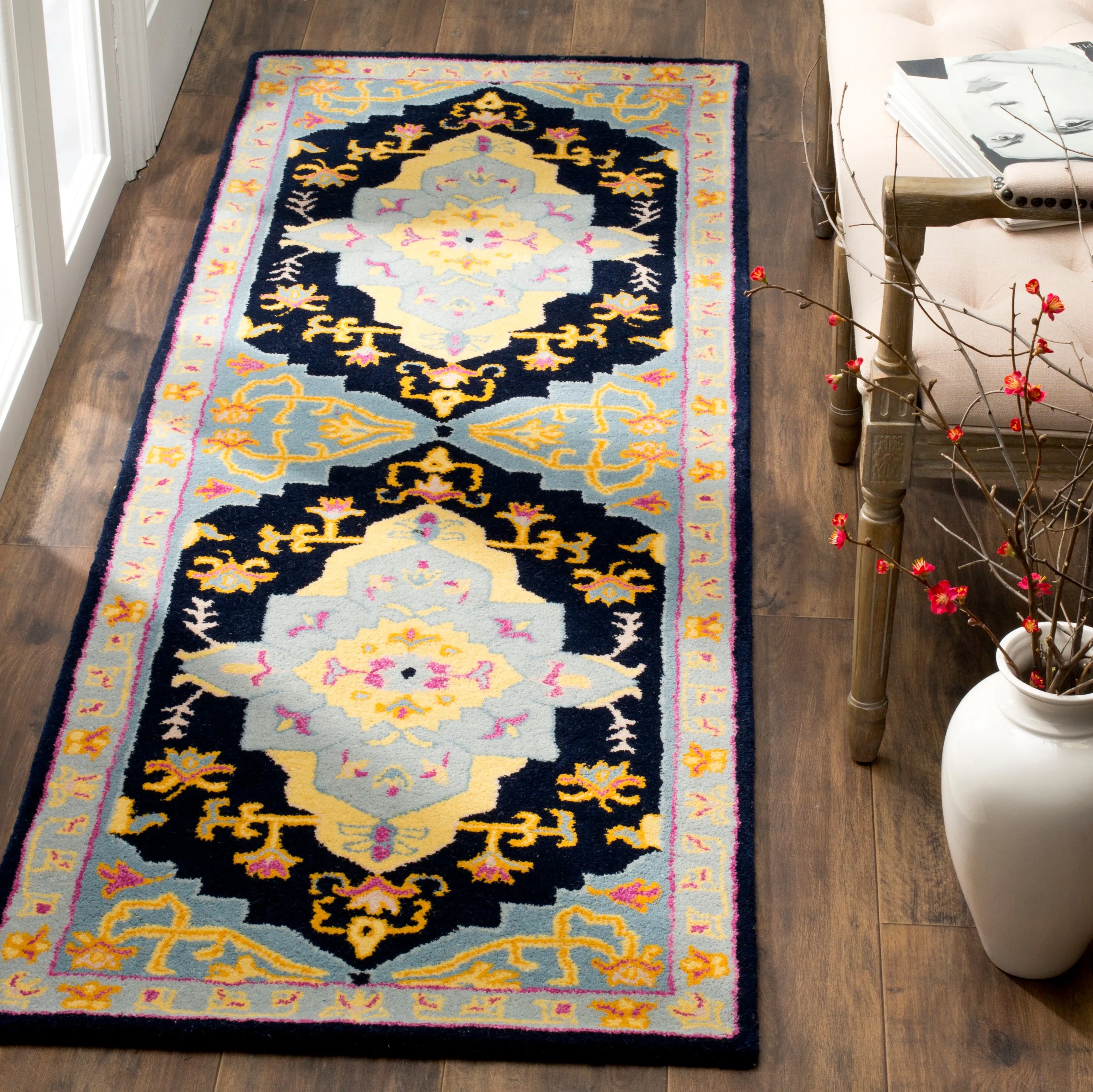 Bellagio Hand Made Area Rug, Navy Blue / Multi Traditional Style Non-Shedding