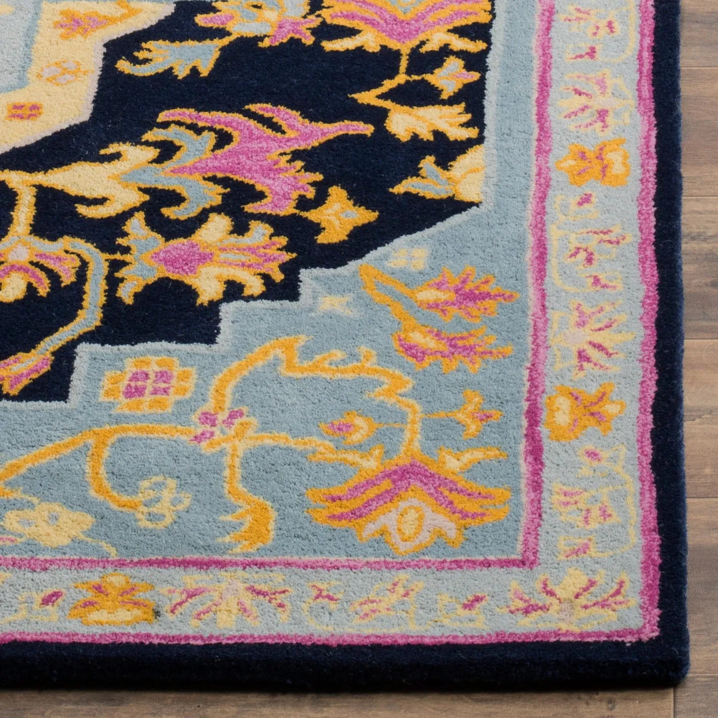 Bellagio Hand Made Area Rug, Navy Blue / Multi Traditional Style Non-Shedding