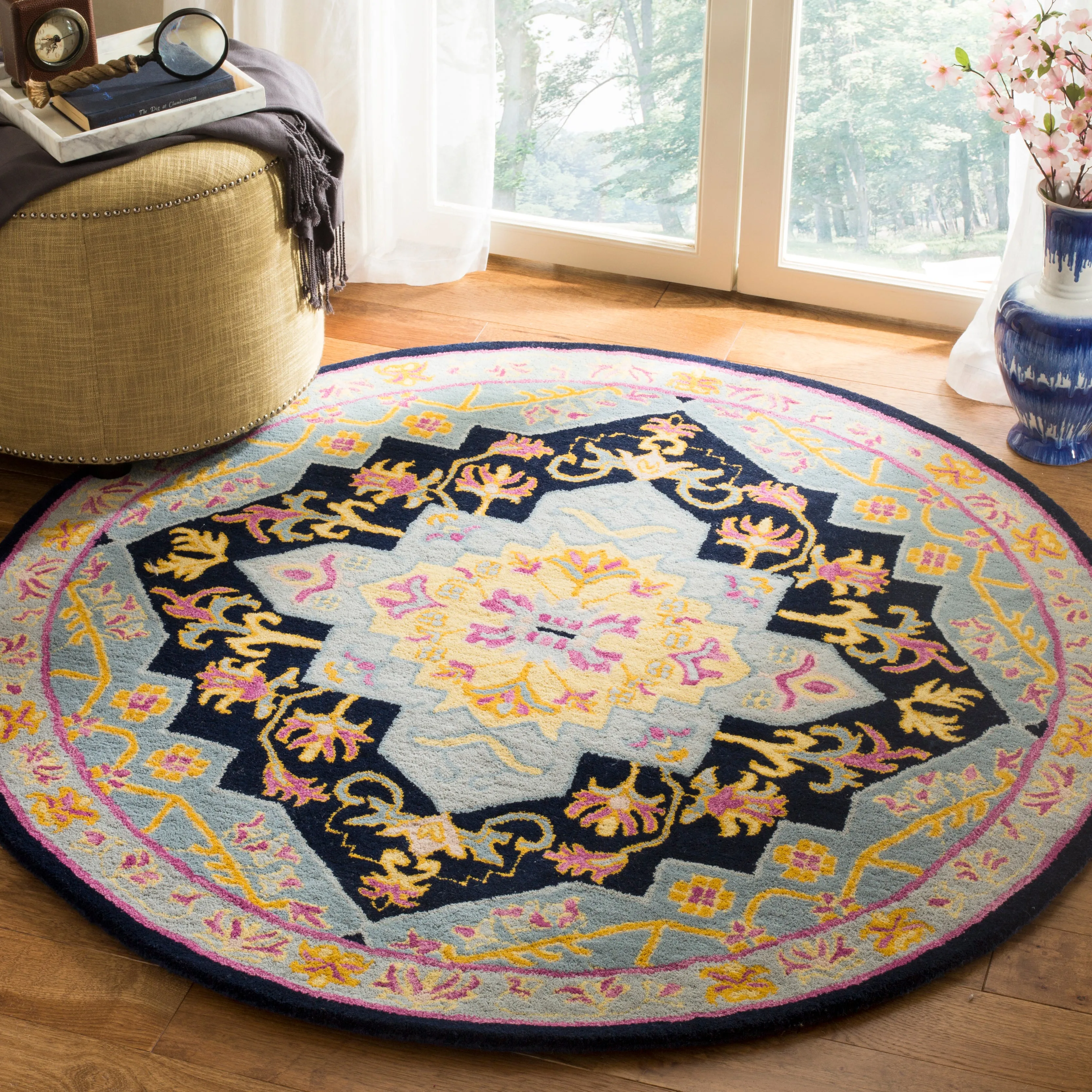 Bellagio Hand Made Area Rug, Navy Blue / Multi Traditional Style Non-Shedding