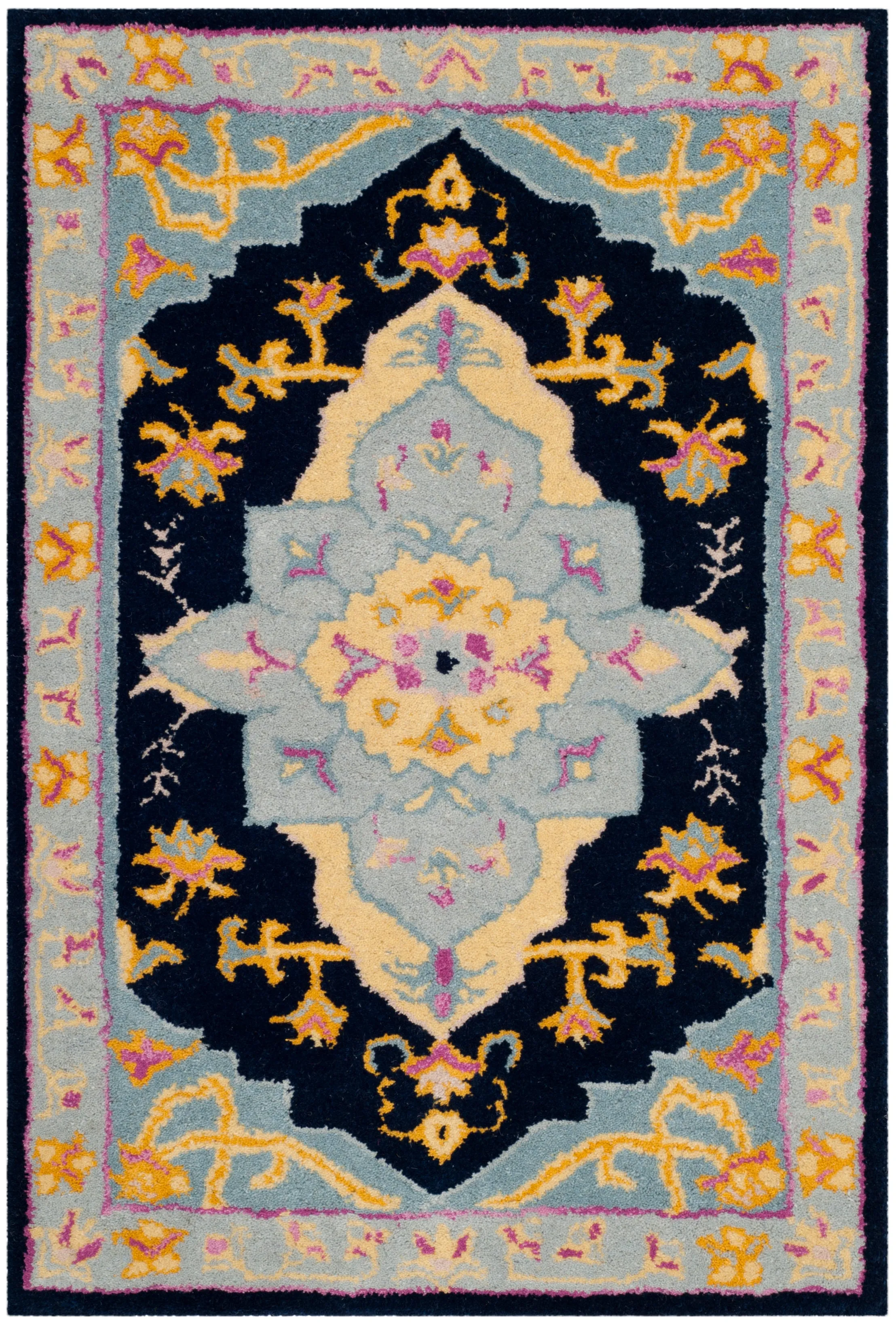 Bellagio Hand Made Area Rug, Navy Blue / Multi Traditional Style Non-Shedding