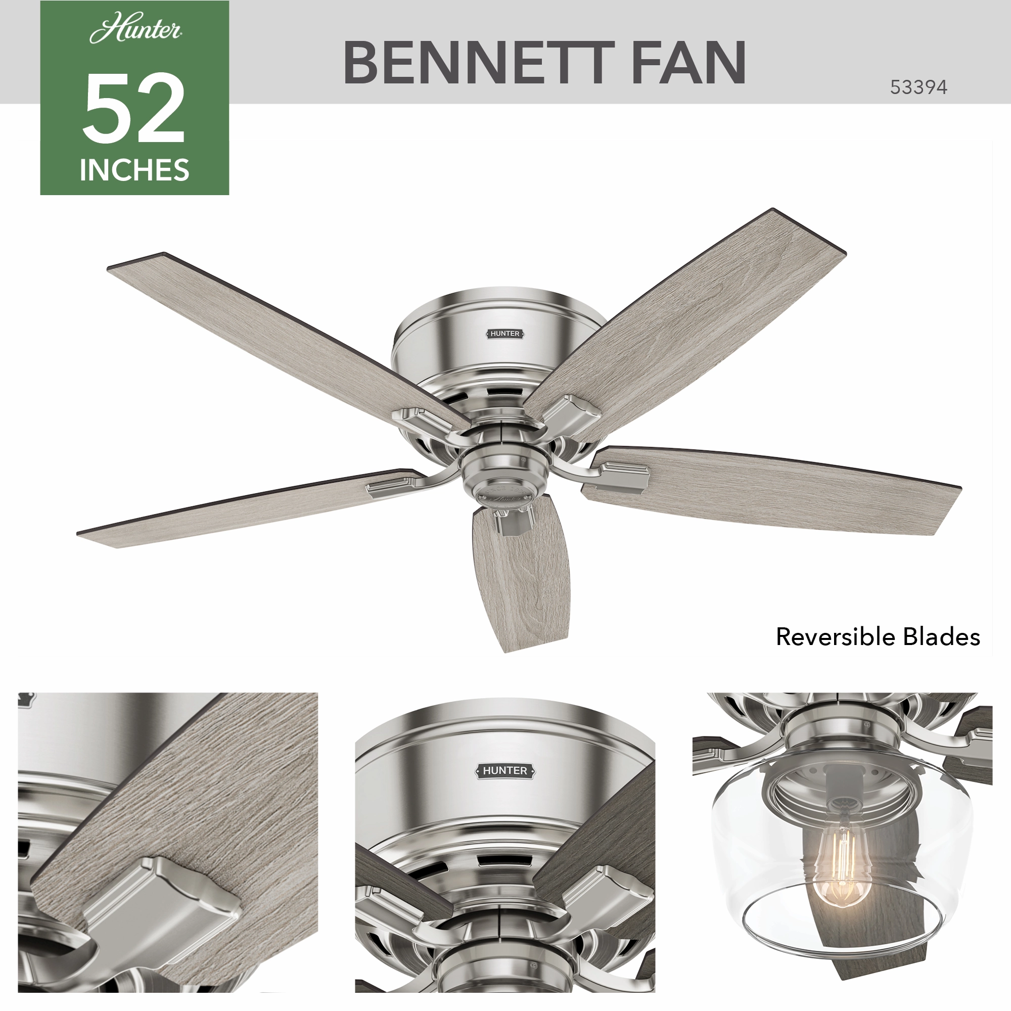 Bennett 52"Ceiling Fan Brushed Nickel Huggers Fans low price shop