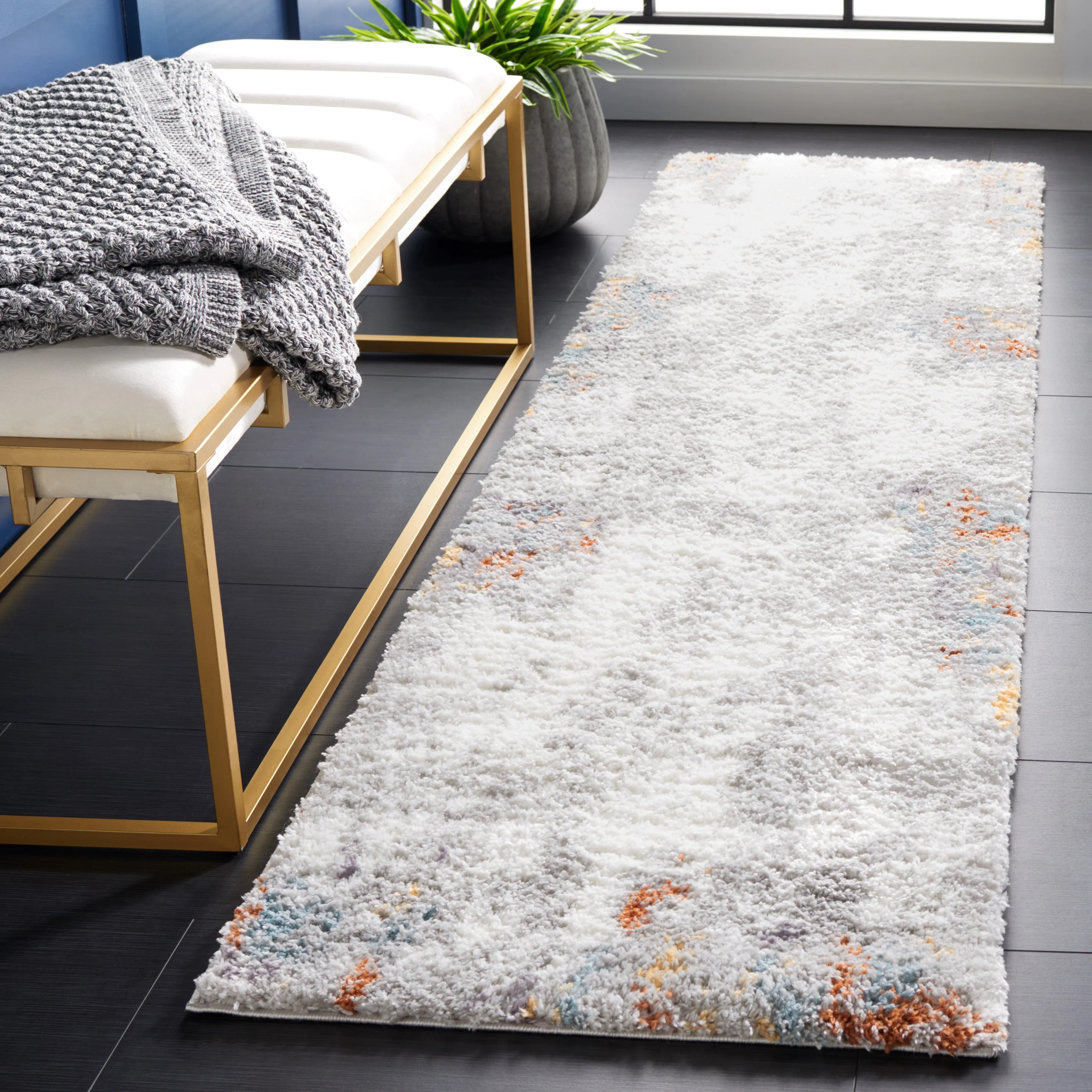 Berber Shag Machine Made Area Rug, Blue Rust / Ivory Contemporary Style Easy Care