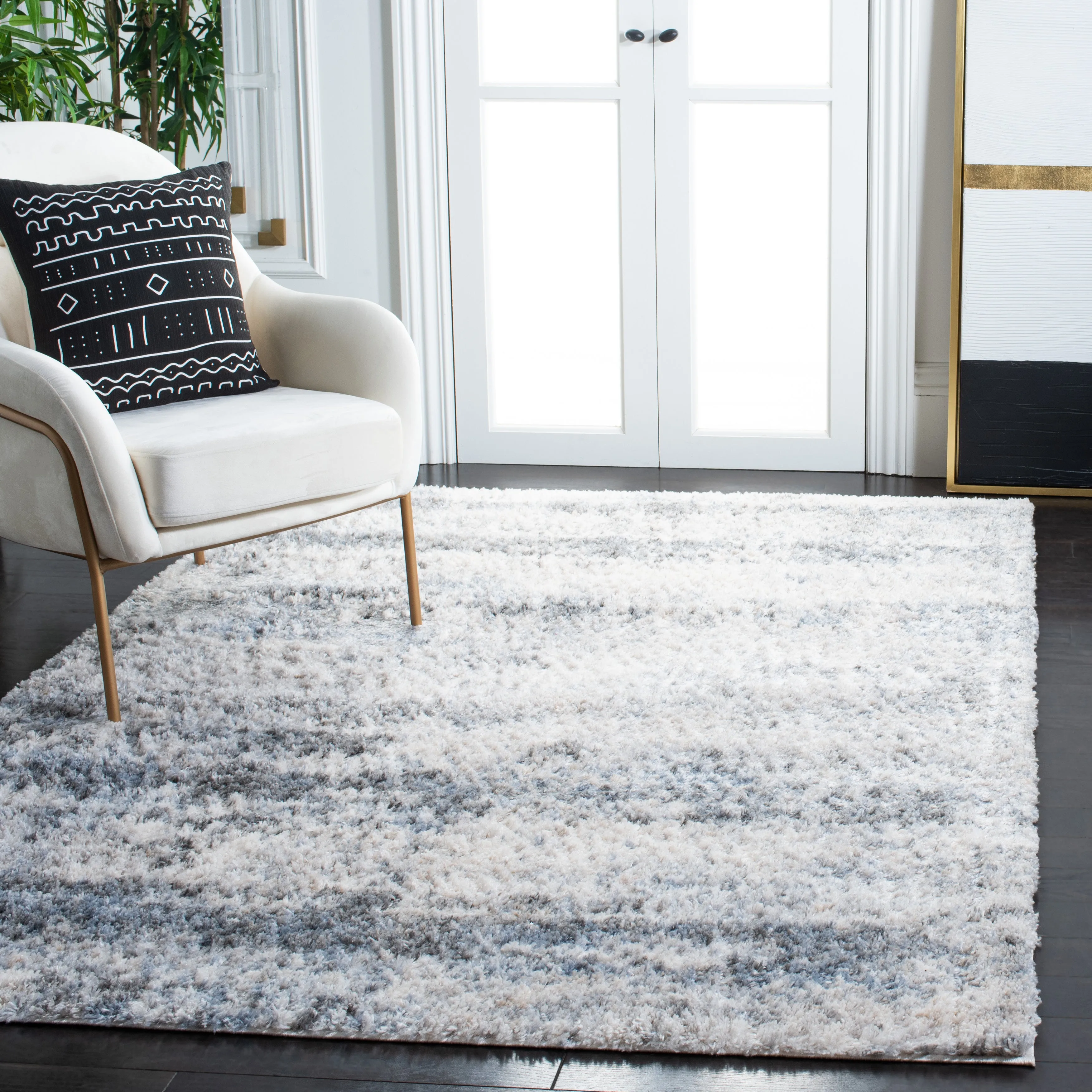 Berber Shag Machine Made Area Rug, Ivory / Charcoal Shag / Flokati Style Easy Care Area Rugs buy 1 get 1