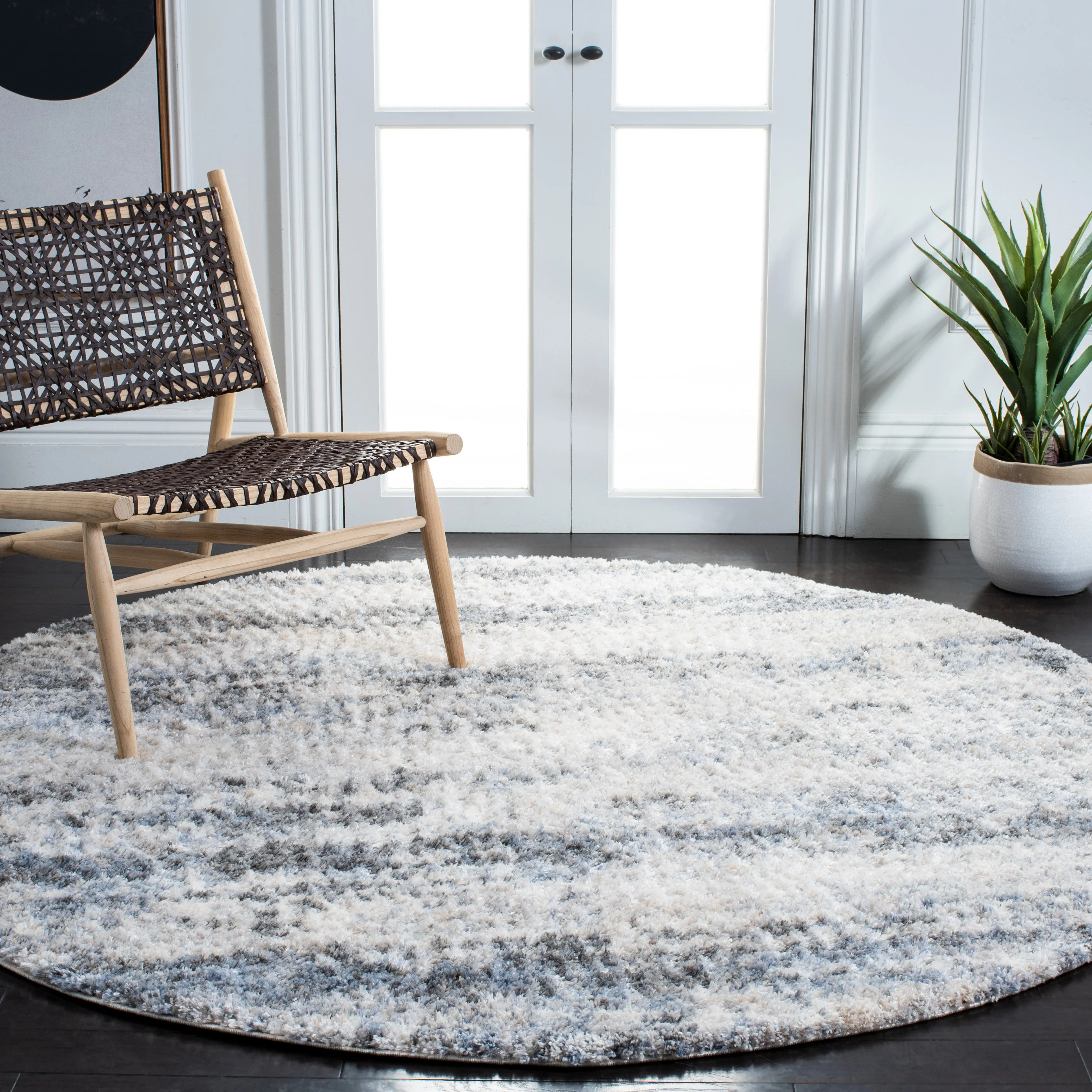 Berber Shag Machine Made Area Rug, Ivory / Charcoal Shag / Flokati Style Easy Care