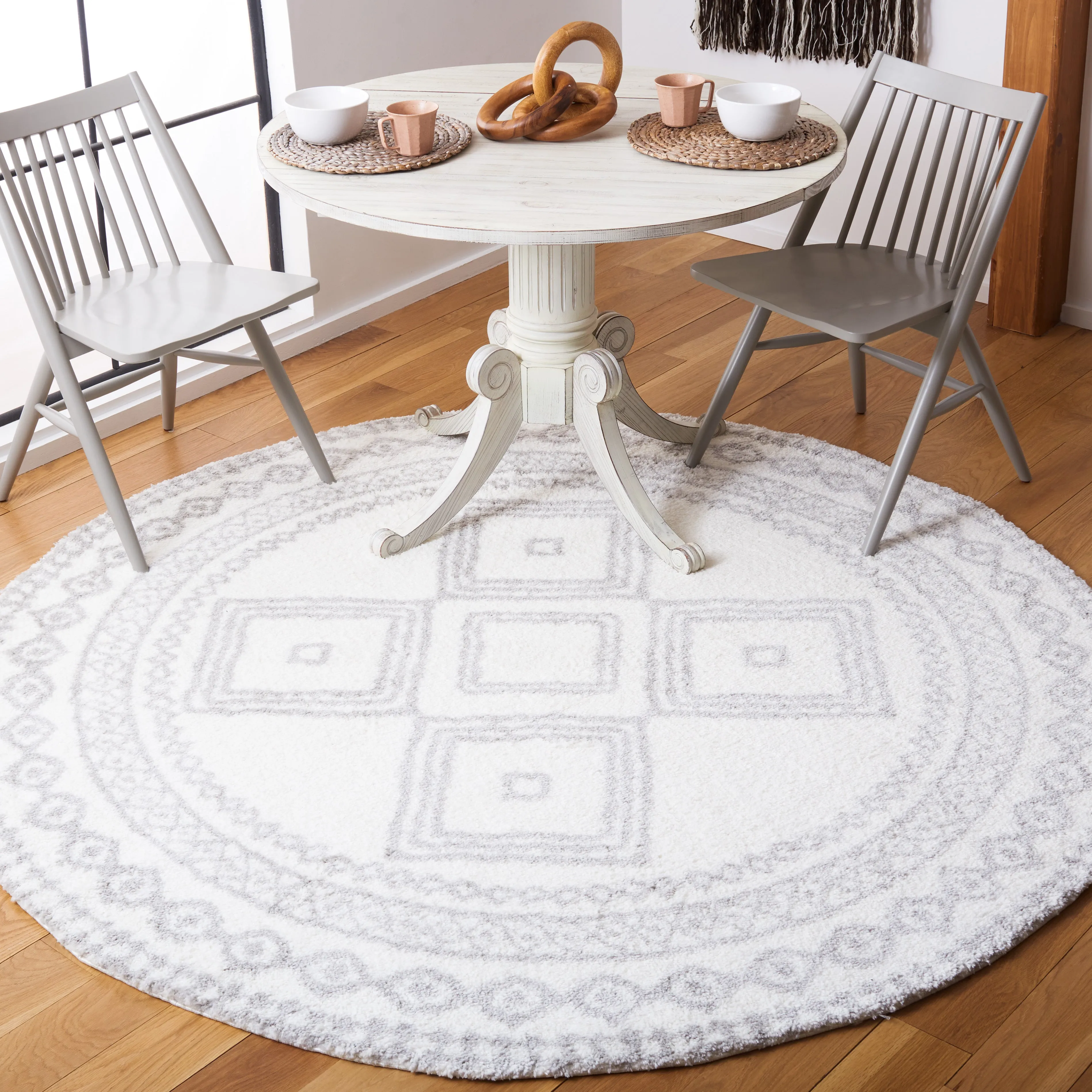 Berber Shag Machine Made Area Rug, Ivory / Grey Bohemian Style Easy Care