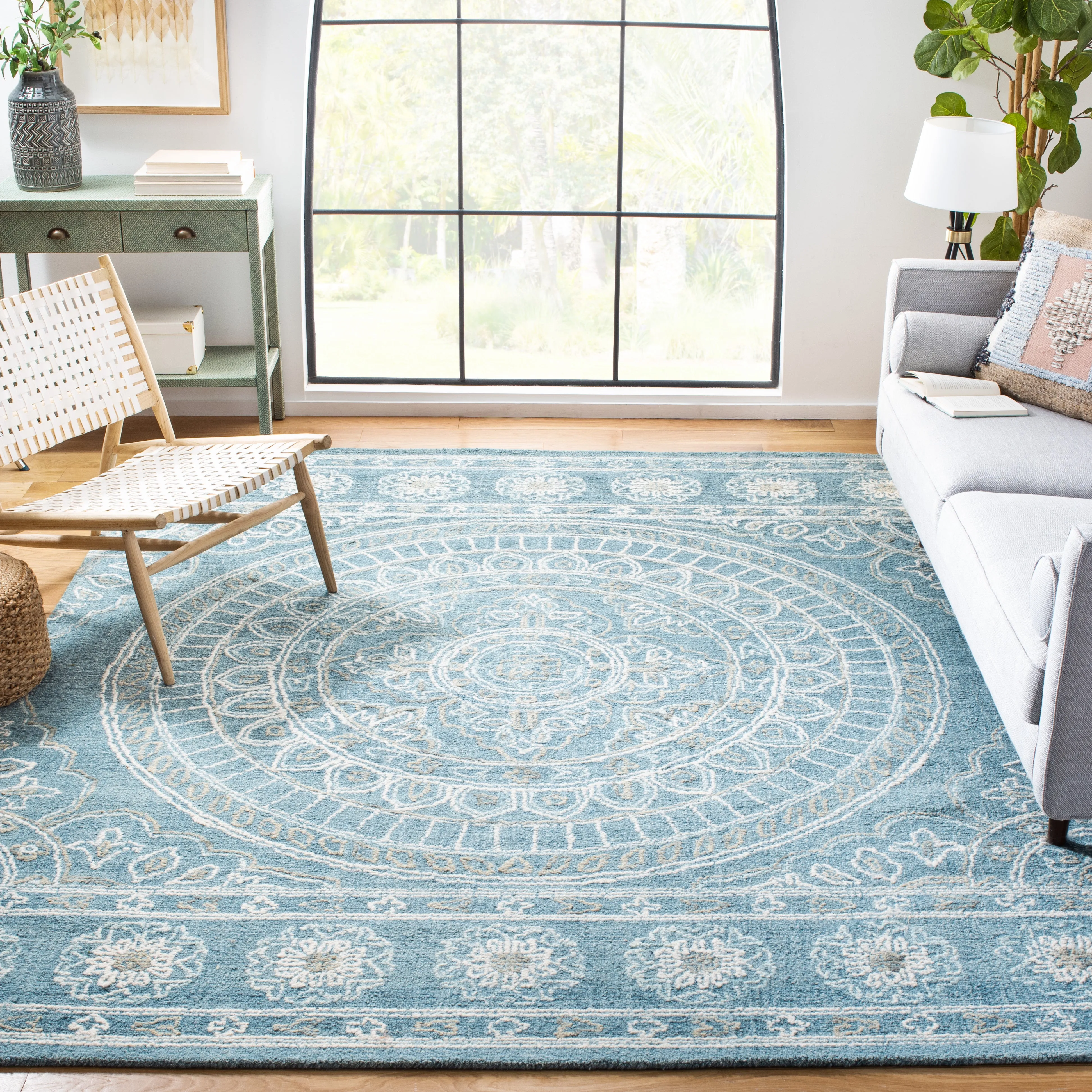 Blossom Hand Made Area Rug, Blue / Ivory Traditional Style Non-Shedding