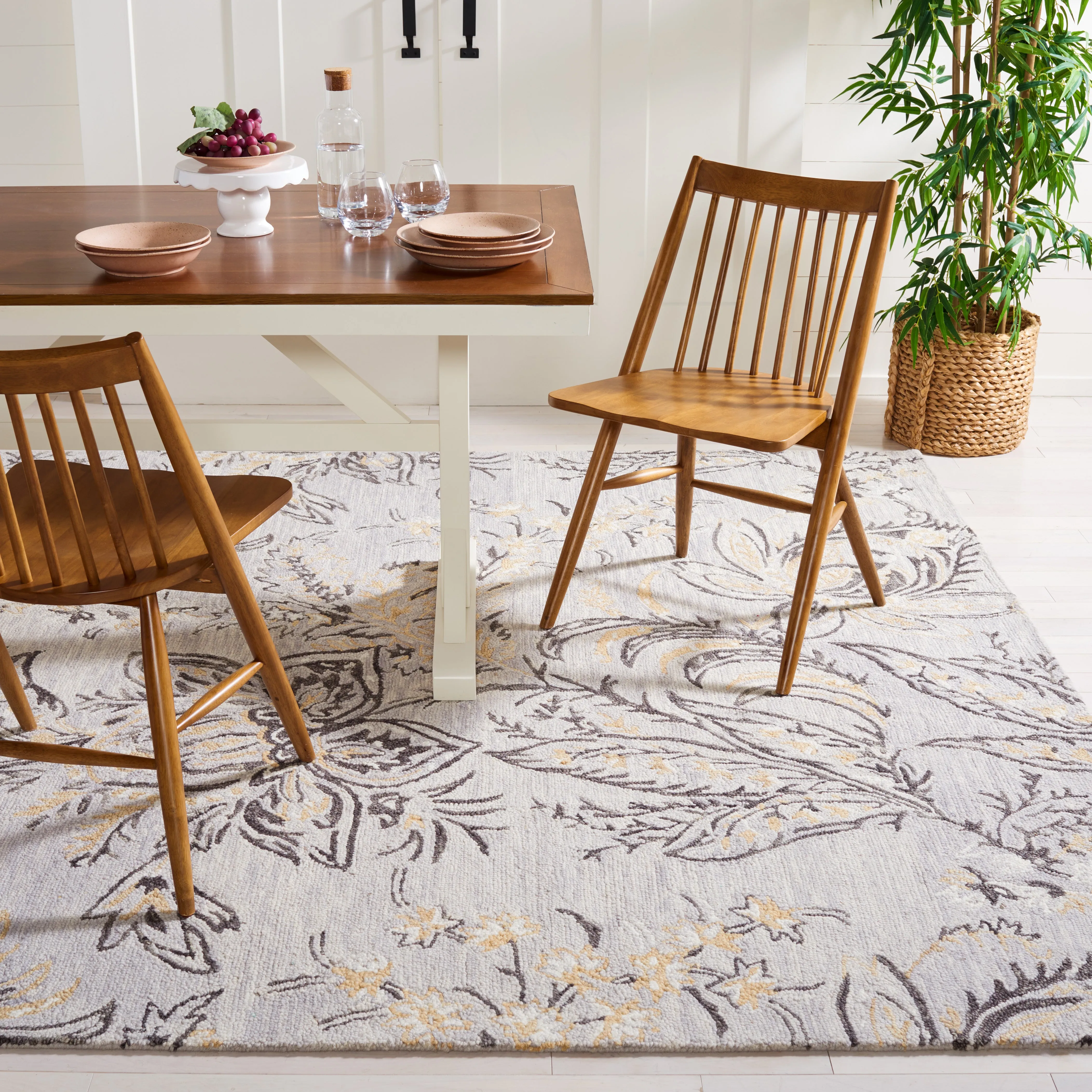 Blossom Hand Made Area Rug, Grey / Yellow Country Floral Style Non-Shedding