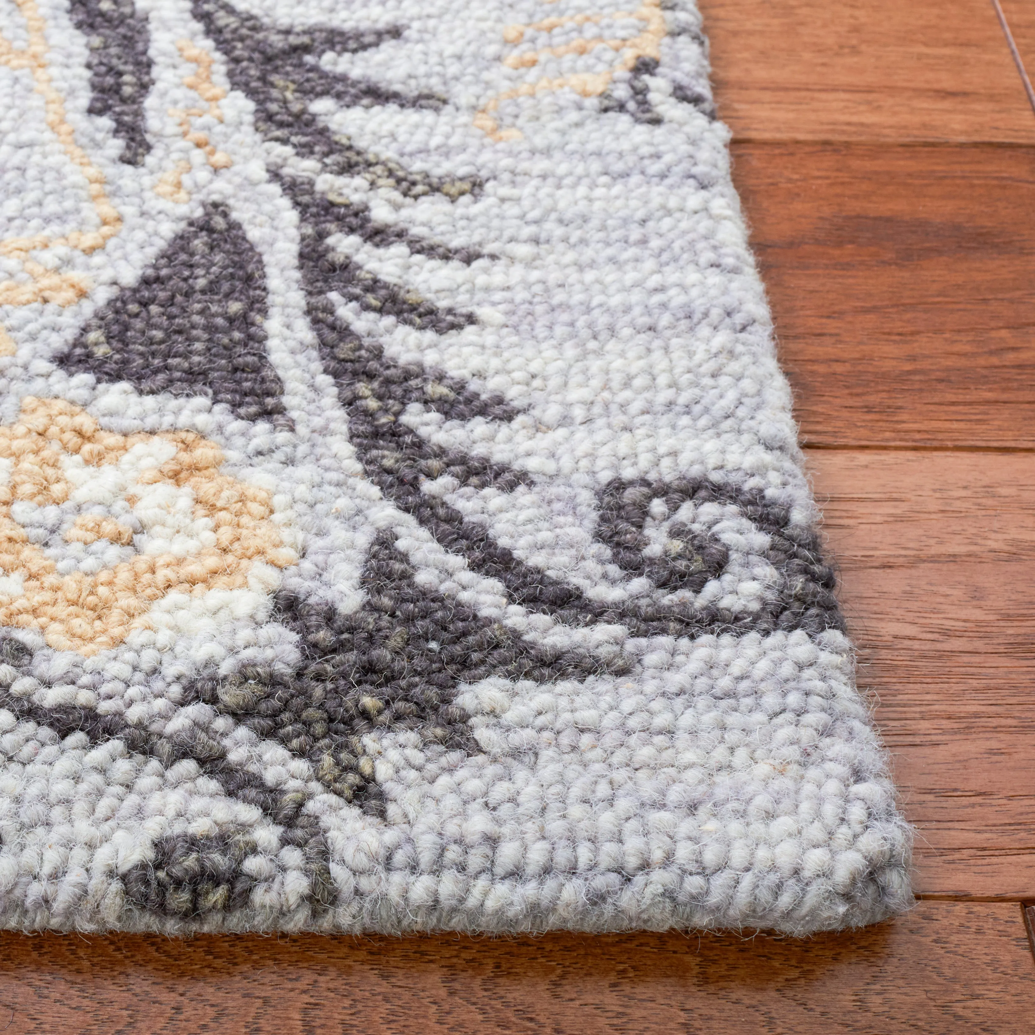 Blossom Hand Made Area Rug, Grey / Yellow Country Floral Style Non-Shedding
