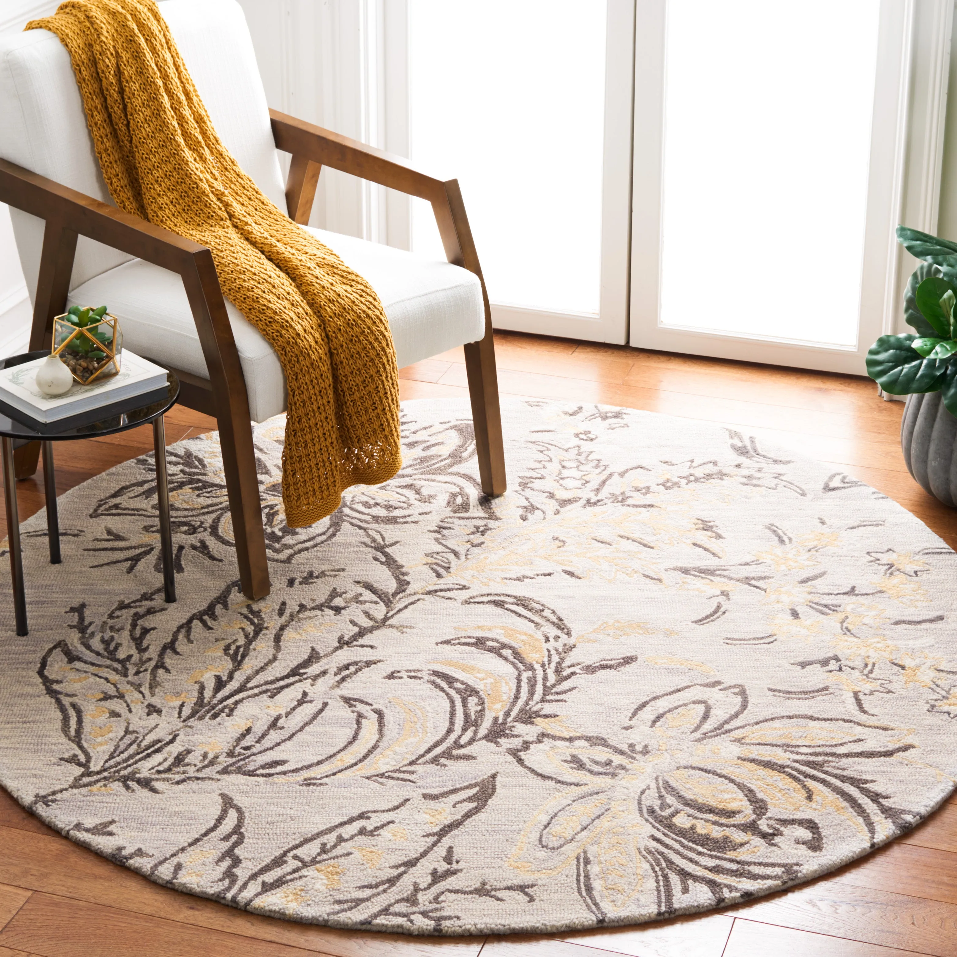 Blossom Hand Made Area Rug, Grey / Yellow Country Floral Style Non-Shedding