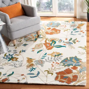 Blossom Hand Made Area Rug, Ivory / Blue Country Floral Style Non-Shedding Area Rugs deal online