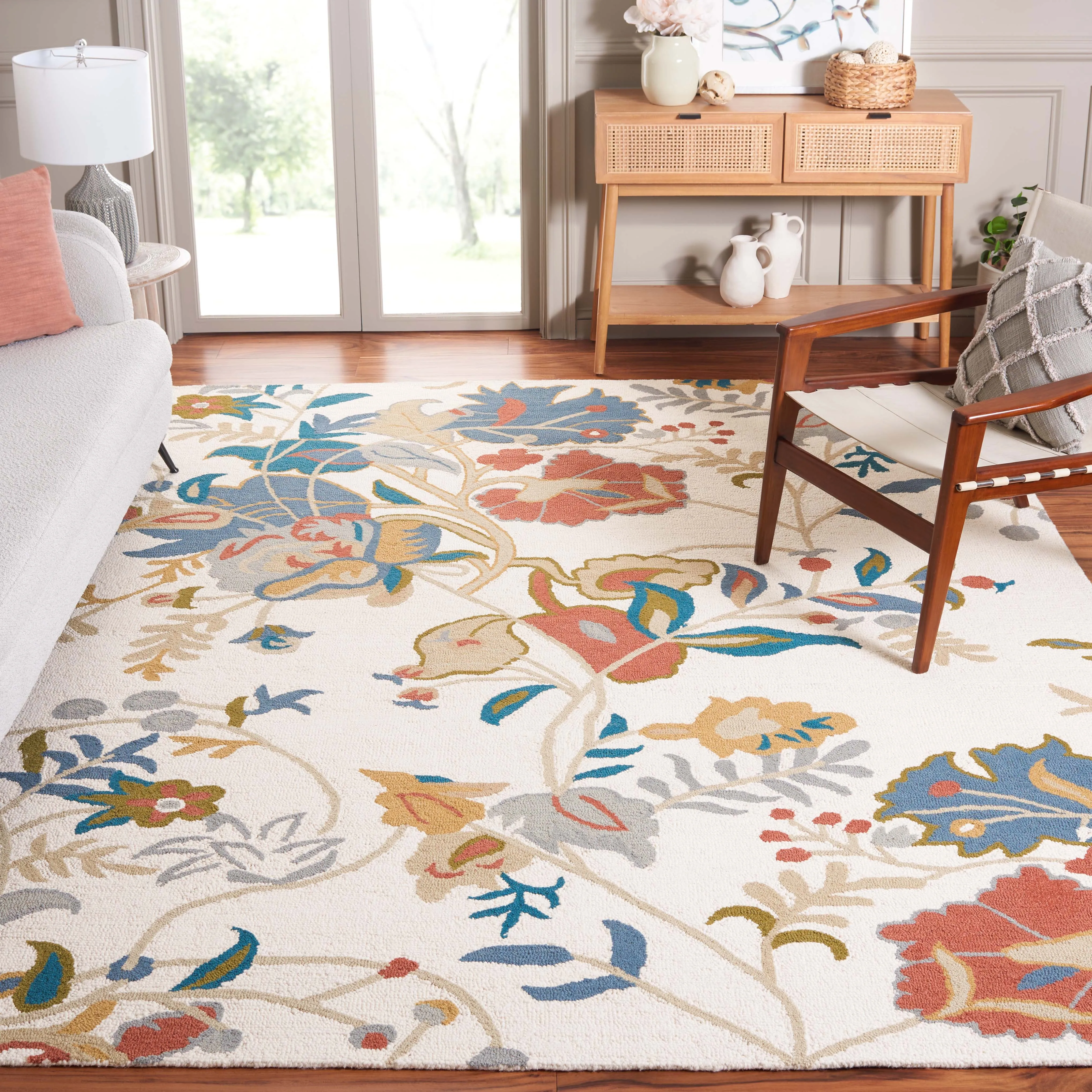 Blossom Hand Made Area Rug, Ivory / Blue Country Floral Style Non-Shedding