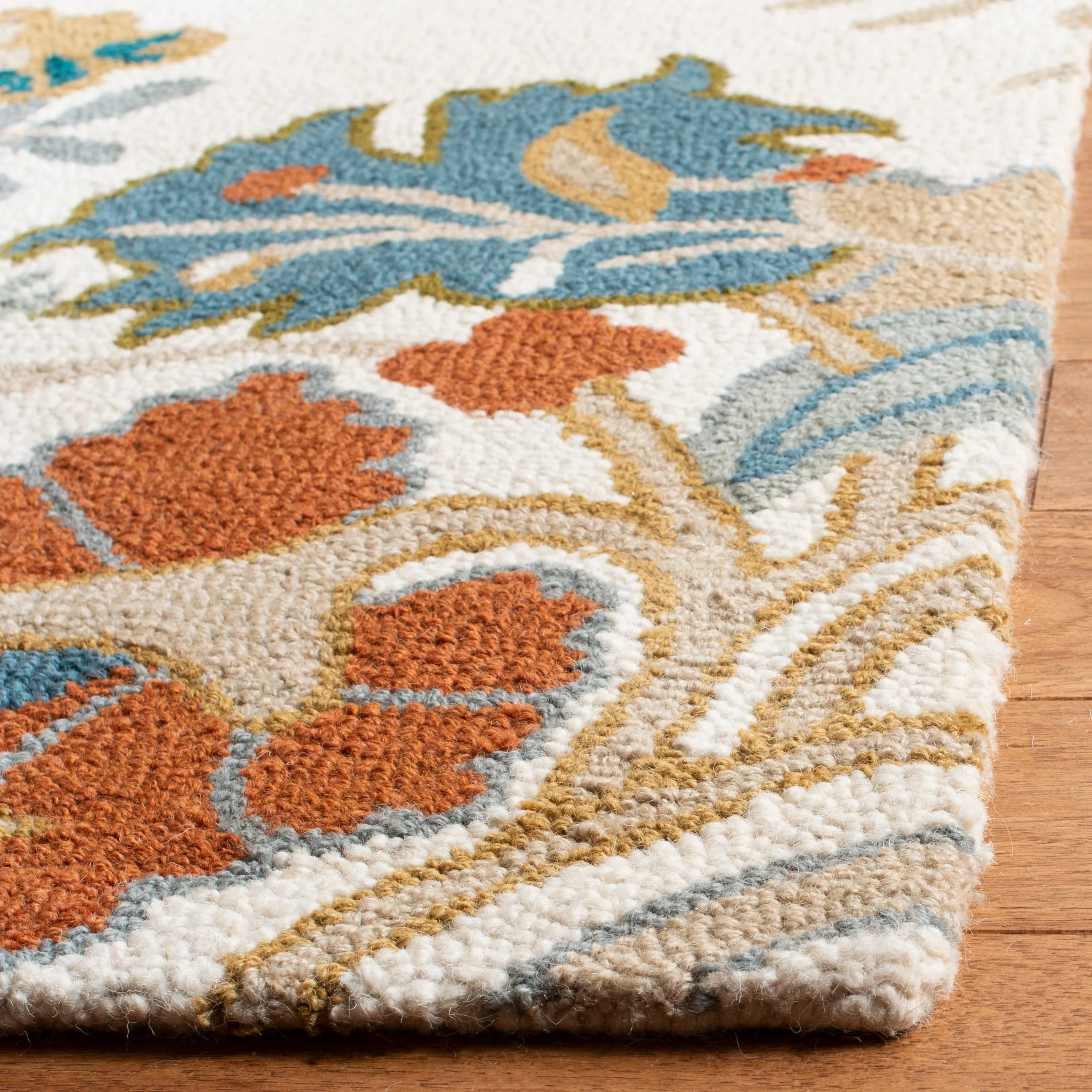 Blossom Hand Made Area Rug, Ivory / Blue Country Floral Style Non-Shedding