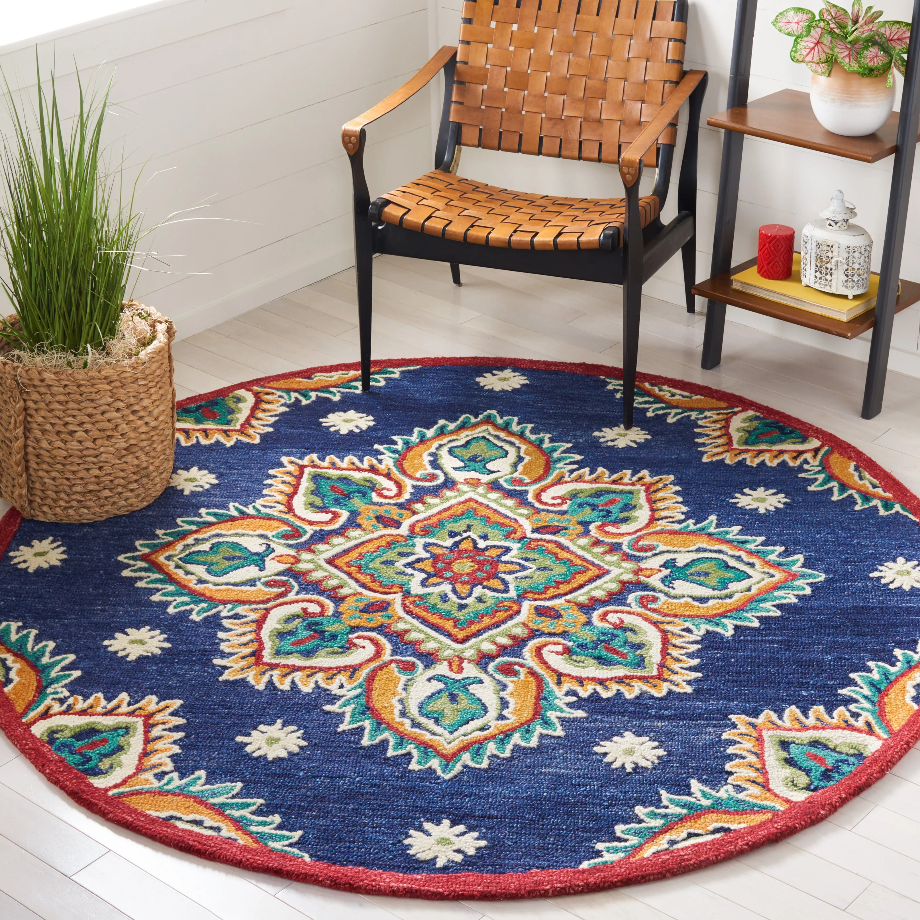 Blossom Hand Made Area Rug, Navy / Ivory Traditional Style Non-Shedding