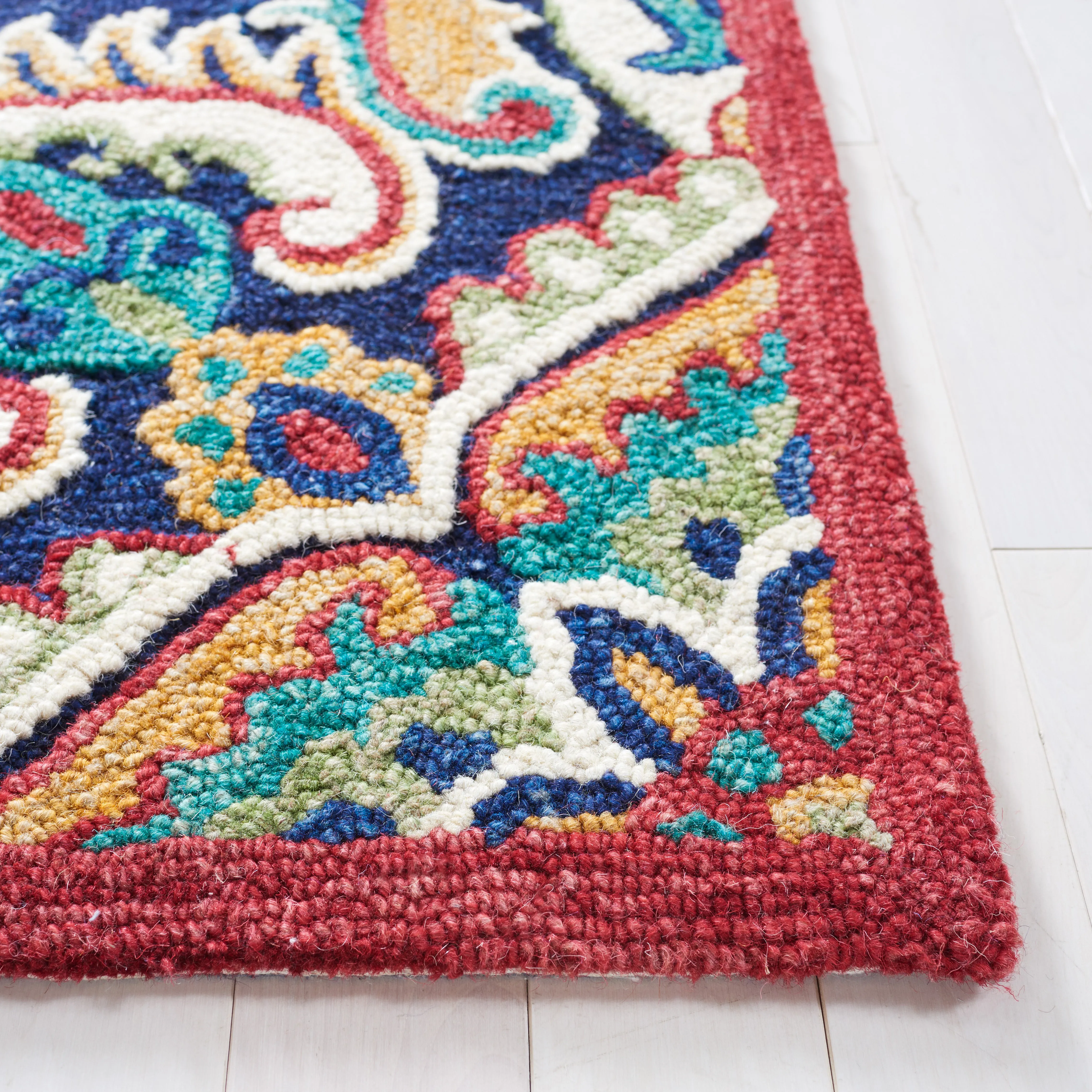 Blossom Hand Made Area Rug, Navy / Ivory Traditional Style Non-Shedding